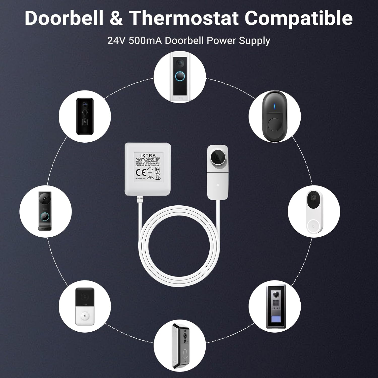 IXTRA Doorbell Transformer, 24V 500MA AC/AC Power Adapter for Ring Video Doorbell, 8M C Wire Adapter Compatible with Thermostat for Ecobee, Sensi and Honeywell, AU Plug 8M Long Cable,White image number 3