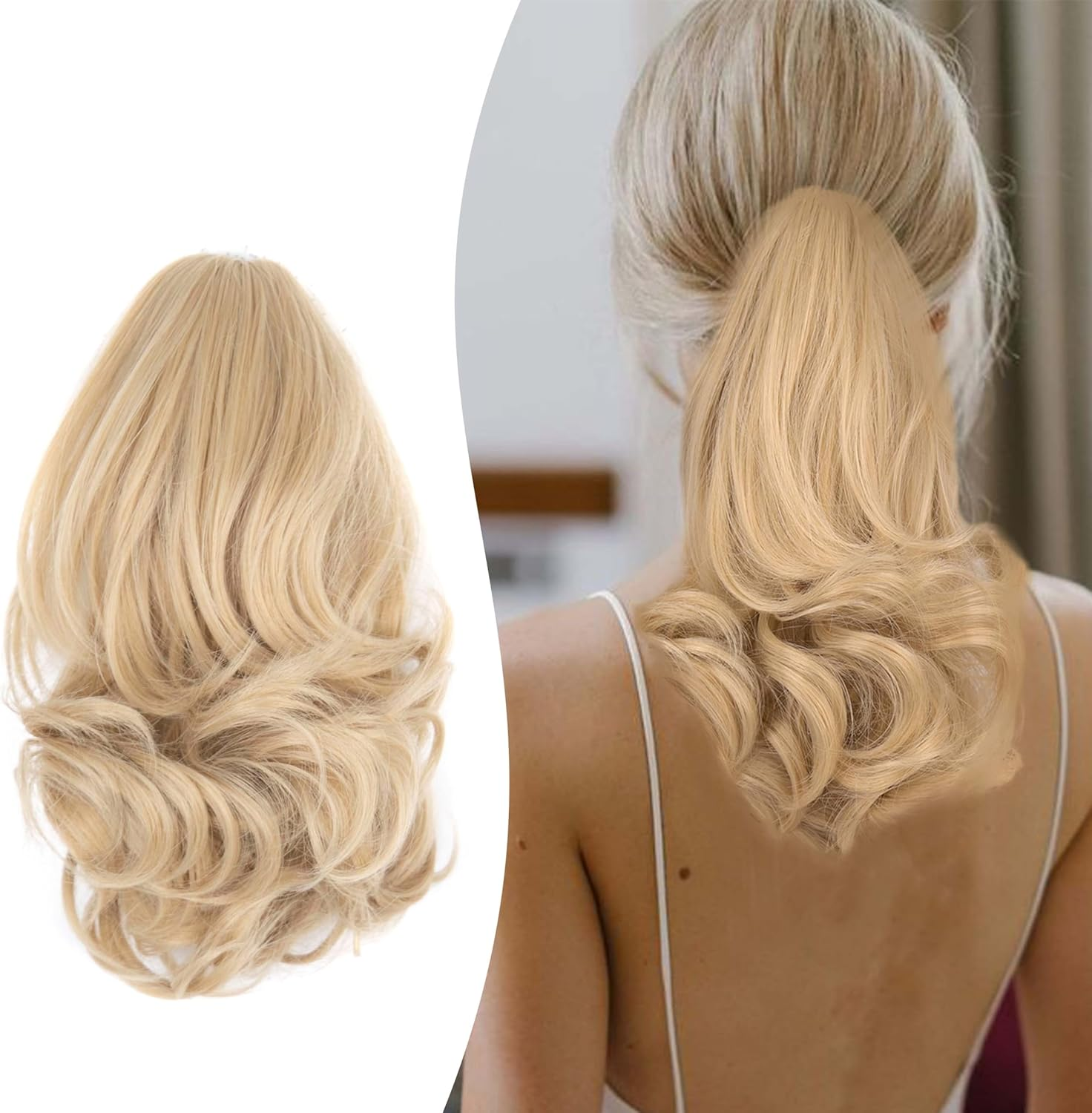 Gairyan 20Inch Ponytail Extension Clip in Ponytail Hair Extensions Curly Wavy Pony Tails Claw on Ponytail Long Wave Synthetic Hairpieces for Women Soft Real Look (Natural Black & Bleach Blonde)
