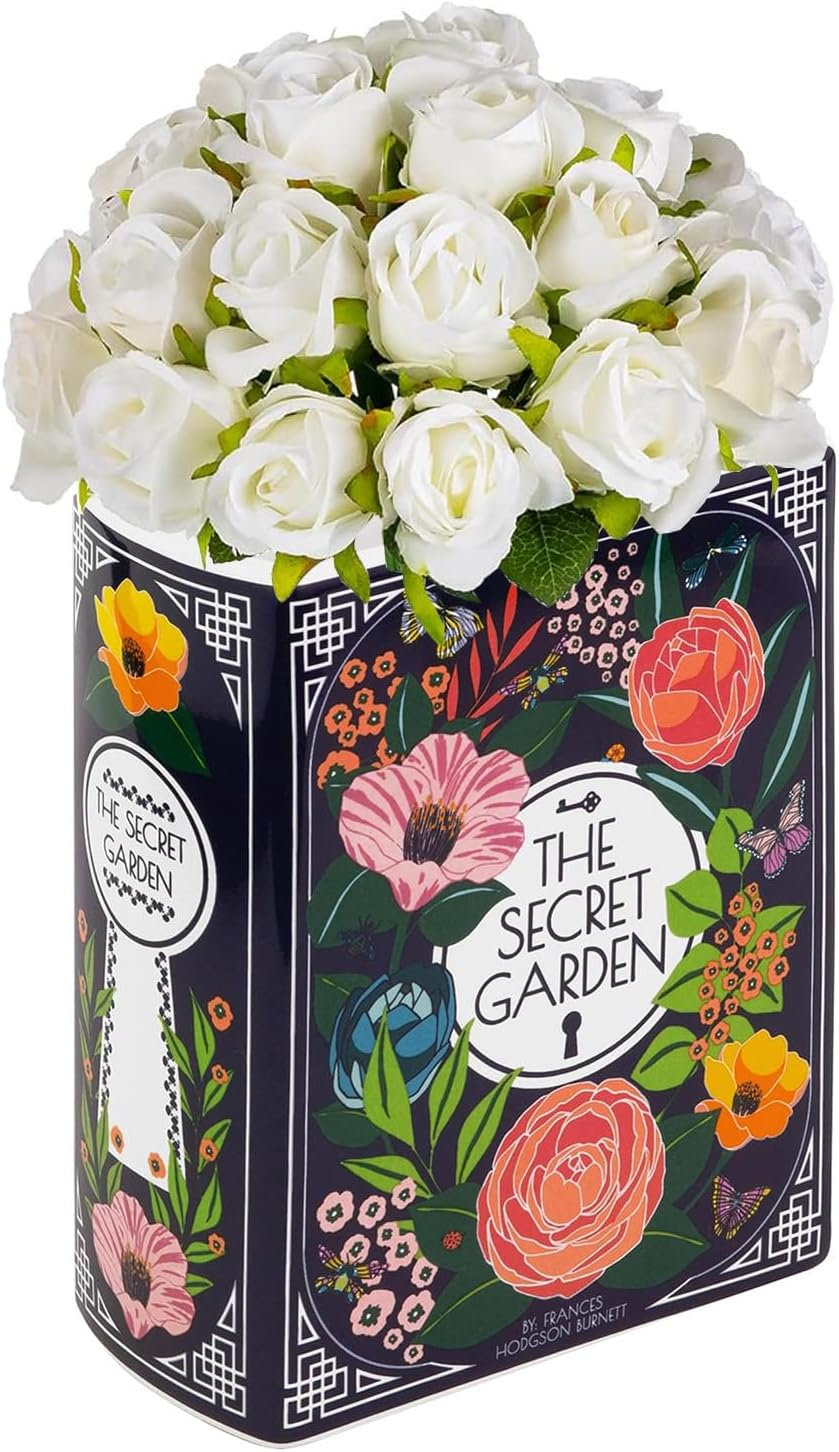 Book-Shaped Decorative Vase, Ceramic Vases for Home Decor, Cute Bookshelf Decor, Unique Vase for Book Lovers (Small - Secret Garden)