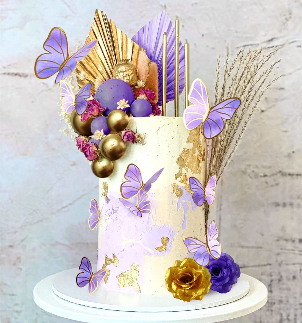 Jevenis Purple Cake Decorations Rose Cake Decoration Purple Butterfly Cake Decoration Palm Leaves Cake Decoration Balls Cake Decoration Wedding Cake Decoration Disco Cake Decor image number 4
