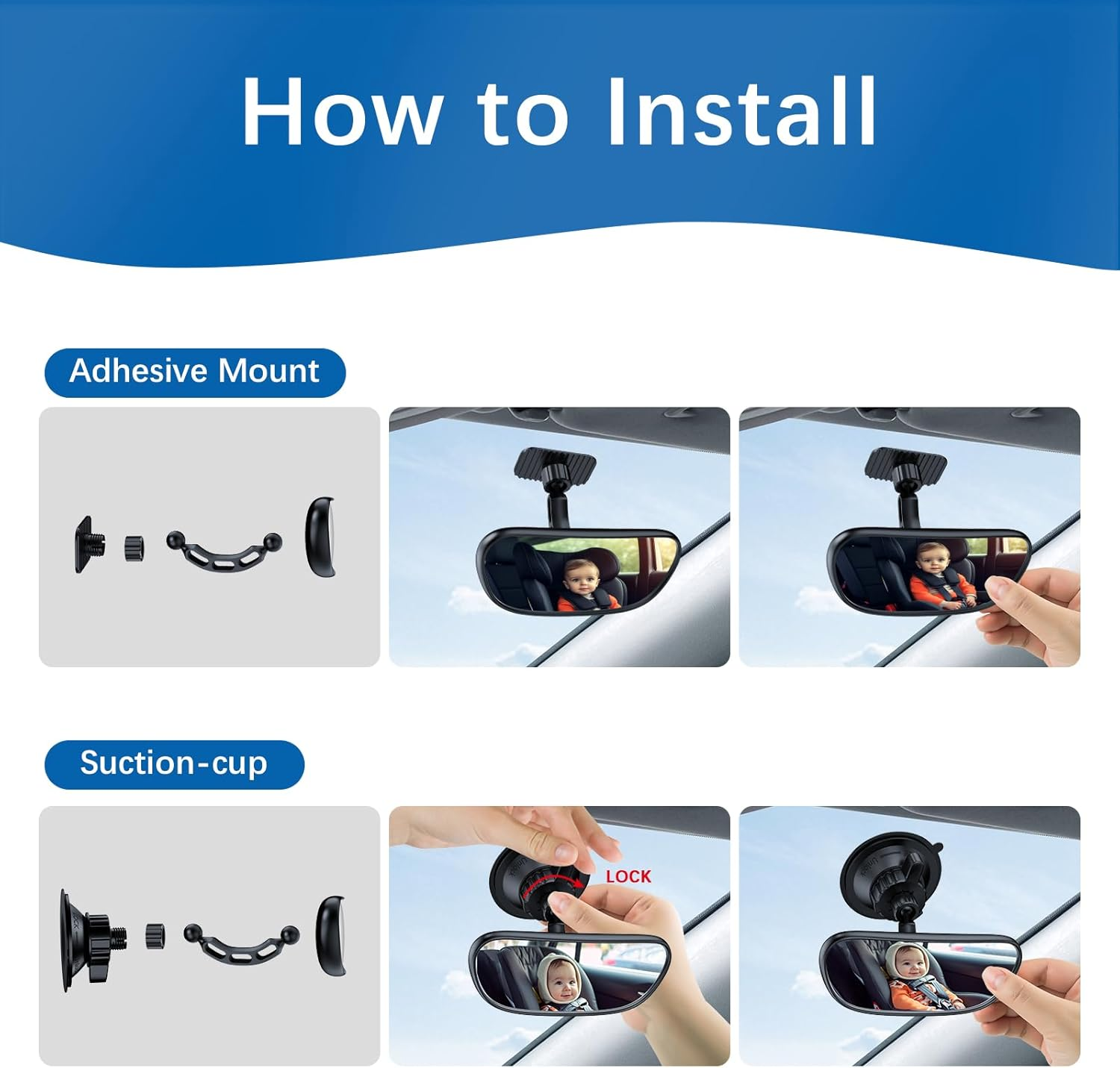 Range Tour Baby Car Mirror, 360&deg; Adjustable Wide Angle Convex Rearview Mirror for Rear Facing Infant Suction Cup & Adhesive Mount Mirror Safety Mirror for Car SUV Trucks image number 5