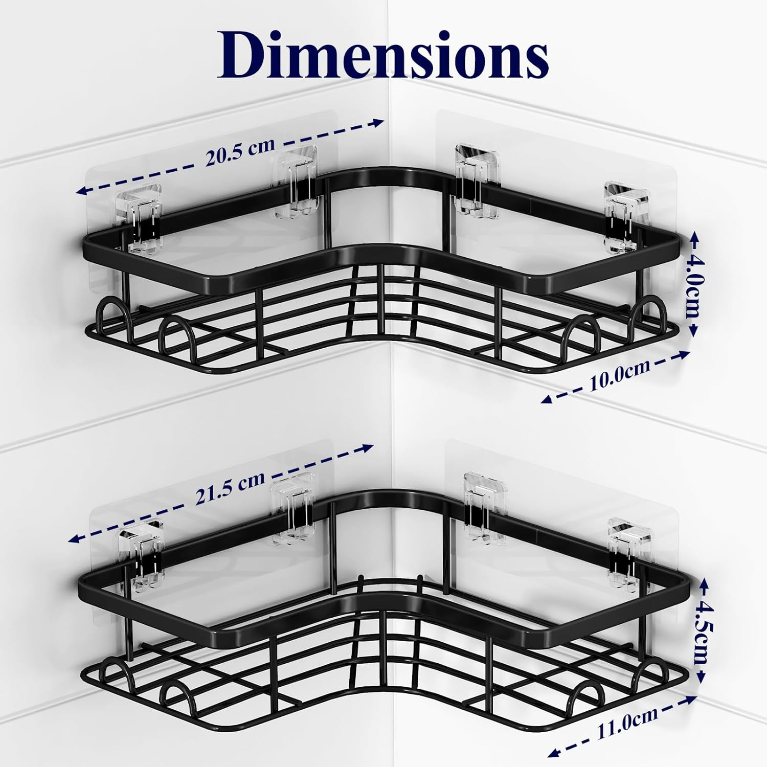 Kitsure Corner Shower Caddy - 2 Pack Rustproof Shower Shelf, Durable Bathroom Caddy with Large Capacity, Drill-Free Adhesive Bathroom Shelf with 4 Movable Hooks, 11.0 X 21.5 X 4.5 Cm, Black image number 6
