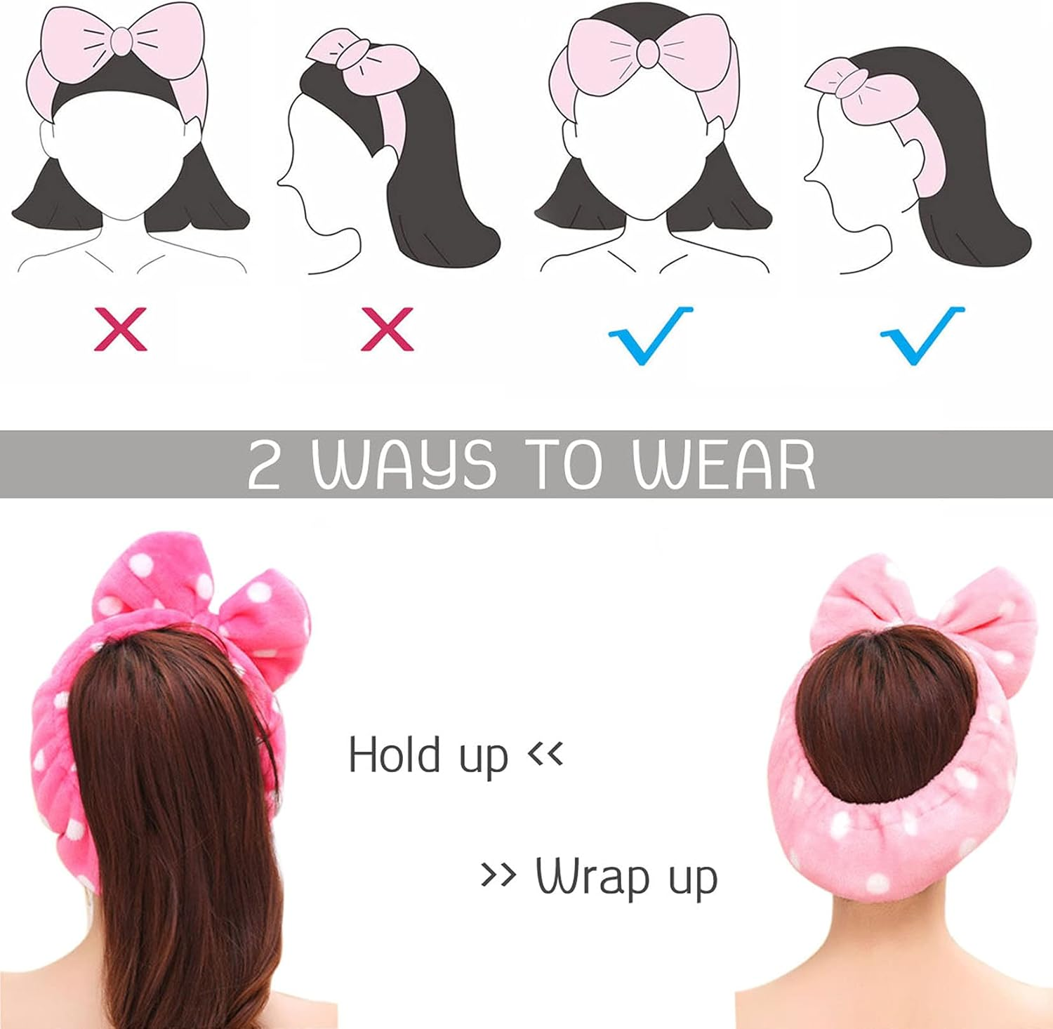 Hairizone 2 Pack Makeup Headbands for Washing Face Shower Spa, Soft and Cute Big Bow Hair Bands for Women and Girls (Light Blue/Roseo) - Pink image number 7