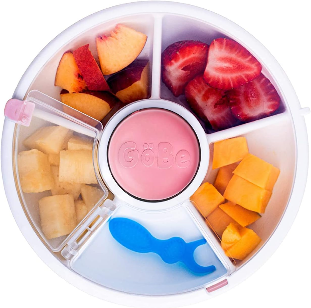 Gobe Kids Snack Spinner Bundle with Hand Strap and Sticker Sheet - Reusable Snack Container with 5 Compartment Dispenser and Lid | BPA and PVC Free | Dishwasher Safe | No Spill, Leakproof