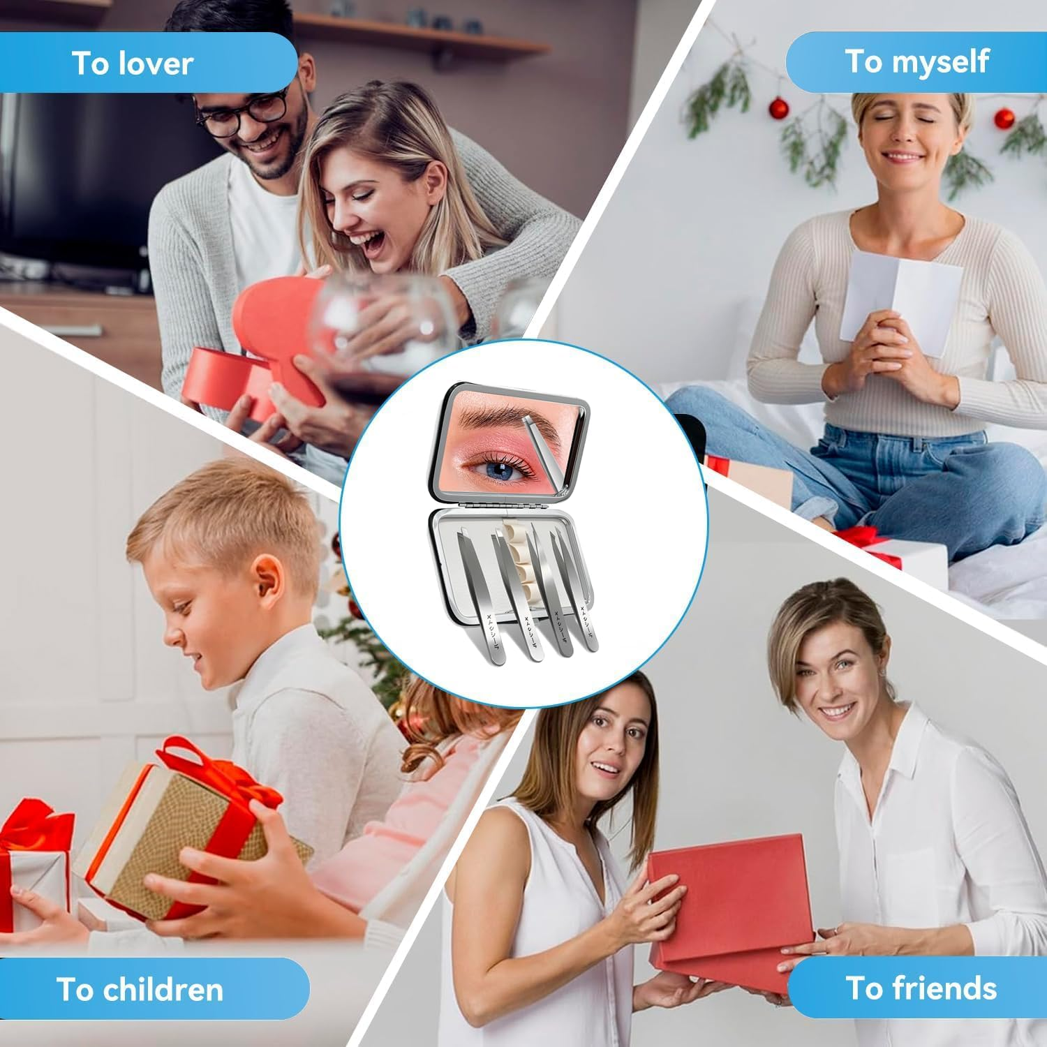 Eyebrow Tweezers Set with Mirror and Leather Travel Case,Ideal for Gifts, Professional Stainless Steel Tweezers for Plucking Eyebrows, Facial Hair, and Removing Ingrown Hair, 4 Pack image number 3