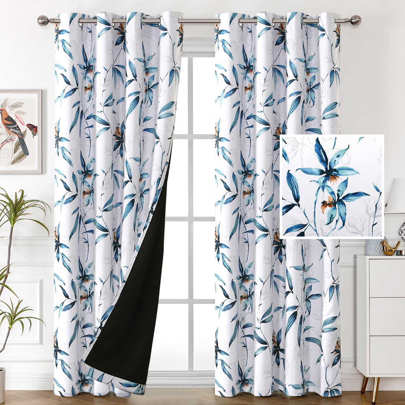 Princedeco 100% Blackout Curtains 2 Panels Set Cattleya Floral Printed Drapes Leah Floral Thermal Curtains for Bedroom with Black Liner Sound Proof Curtains,Grey and Yellow W132Cm X D213Cm