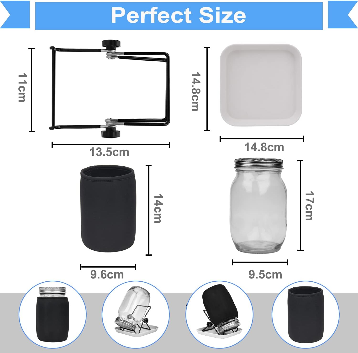 Seed Sprouting Jar Kit, 2Pcs Wide Mouth Quart Mason Jars with 304 Stainless Steel Screen Sprout Lids,86Mm Caliber,1000Ml,With Tray,Stand,Shading Cloth and Canning Brush,For Making Seeds Sprouts image number 1