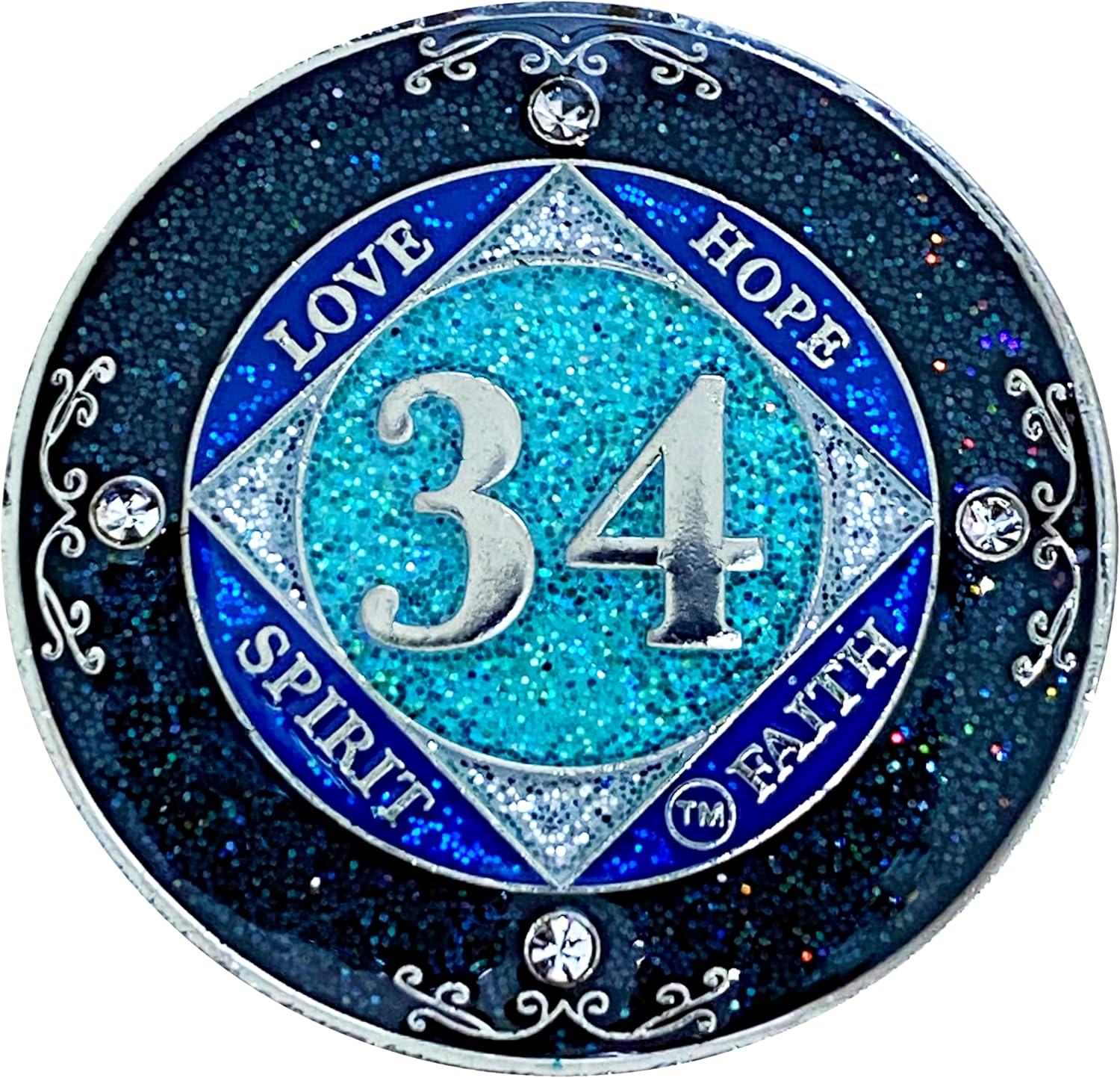 (Years 1-50) NA 40 Year Crystals and Glitter Medallion, Silver Color Plated Coin, Black Rainbow, Blue Glitter and Four Clear Crystals, Epoxy Covered (NA 40 Year Glitter & Crystals Medallion) image number 4
