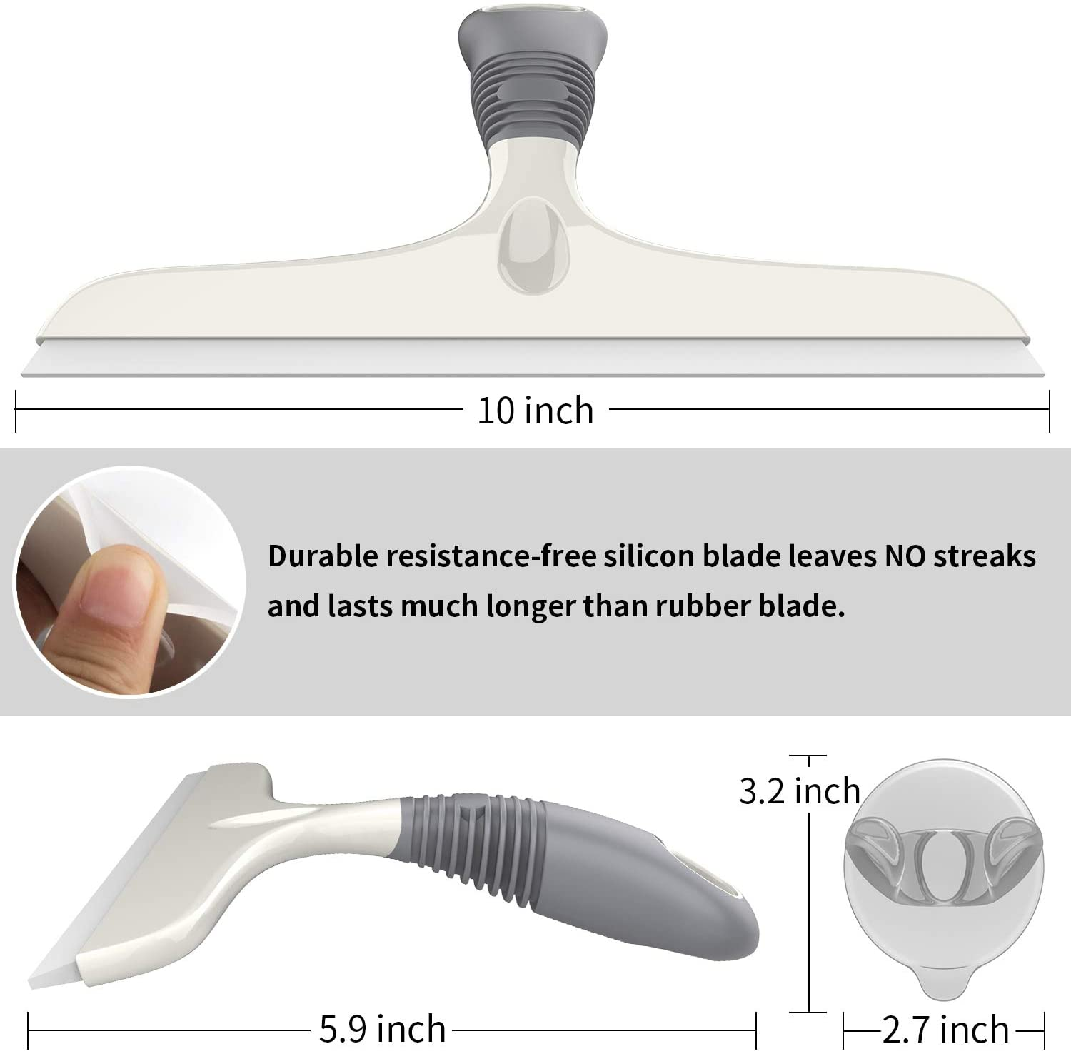 MR.SIGA Multi-Purpose Squeegee for Window, Glass, Shower Door, Car, Heavy Duty Window Scrubber, Suction Hook Included, 10 Inch, White & Gray - Grey,White image number 6