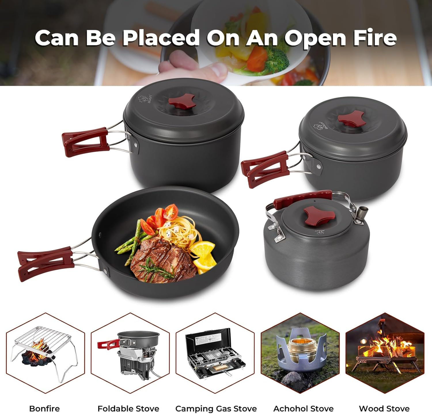 Bulin Camping Cookware Mess Kit Outdoor Backpacking Hiking Gear Cooking Equipment, Lightweight Compact Durable Cook Set image number 5