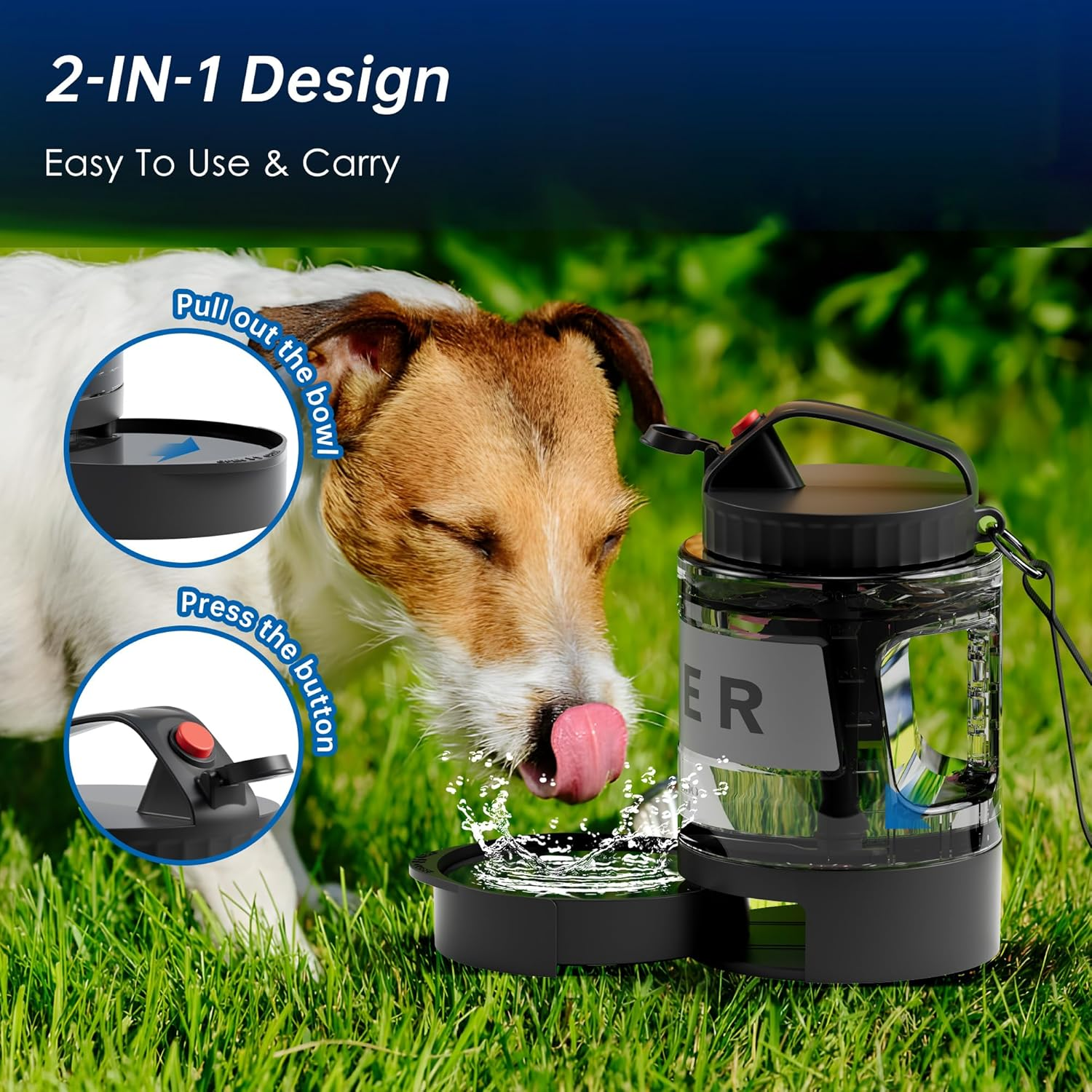 77Oz Dog Water Dispenser with Pull-Out Bowl for Walking, Hiking, Camping - Portable Large Pet Bottle for Outdoor - BPA Free - Black