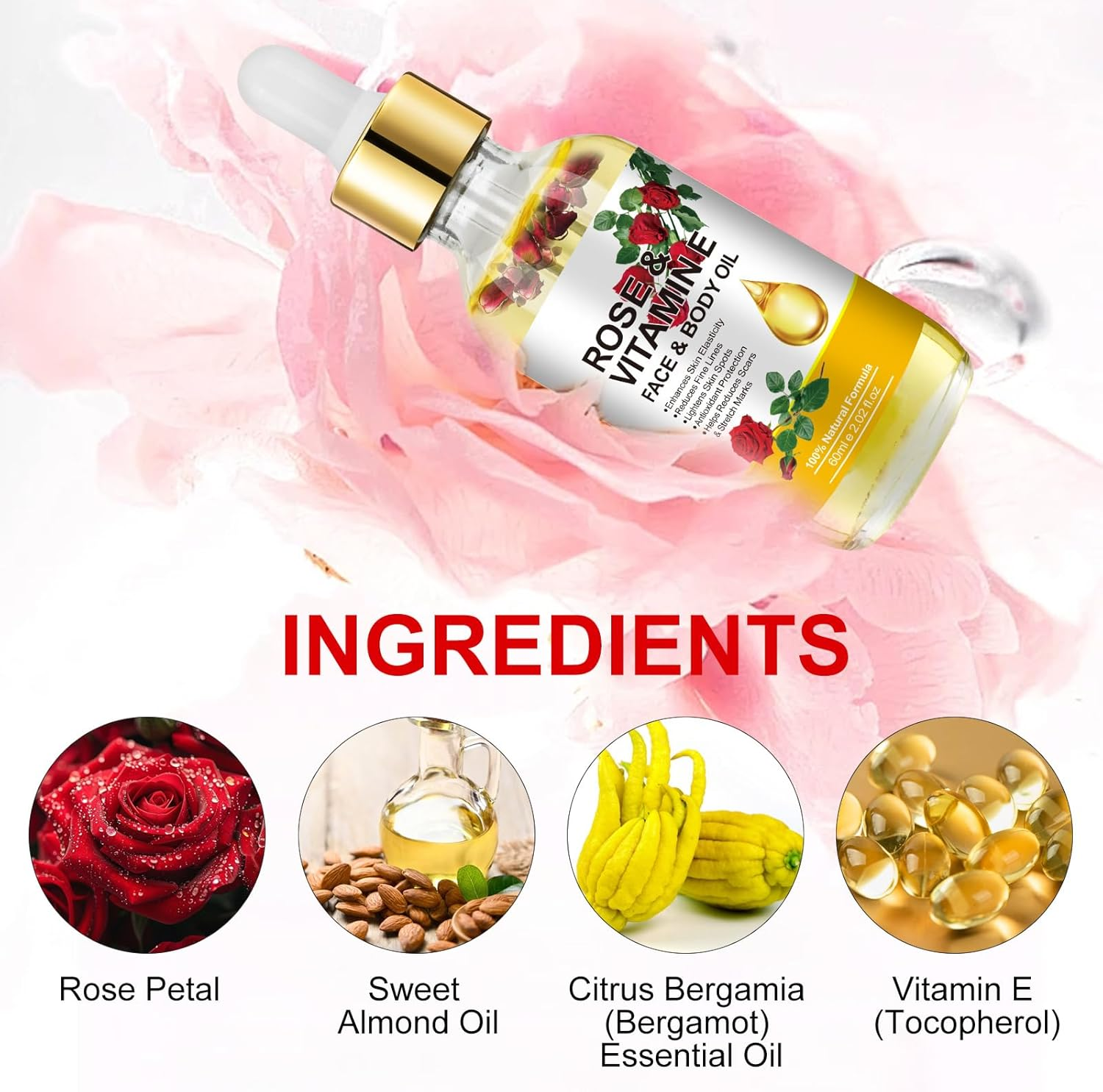 Vitamin E Oil for Skin, Rose Oil for Face, Natural Skincare Body Oil, Moisturizing Organic Rose Oil for anti Ageing, Reduce Scar and Stretch Marks 2.02 Oz image number 1
