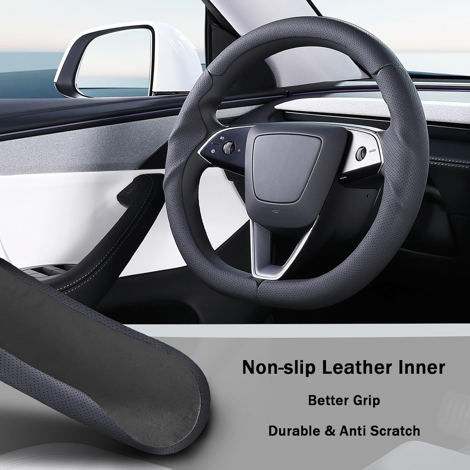 Steering Wheel Cover for Tesla Model 3 2024-Present Highland/Tesla Model Y Juniper 2025-Present, Leather Steering Wheel Cover for Tesla Model 3 Highland/Y Juniper Accessories, Black image number 6