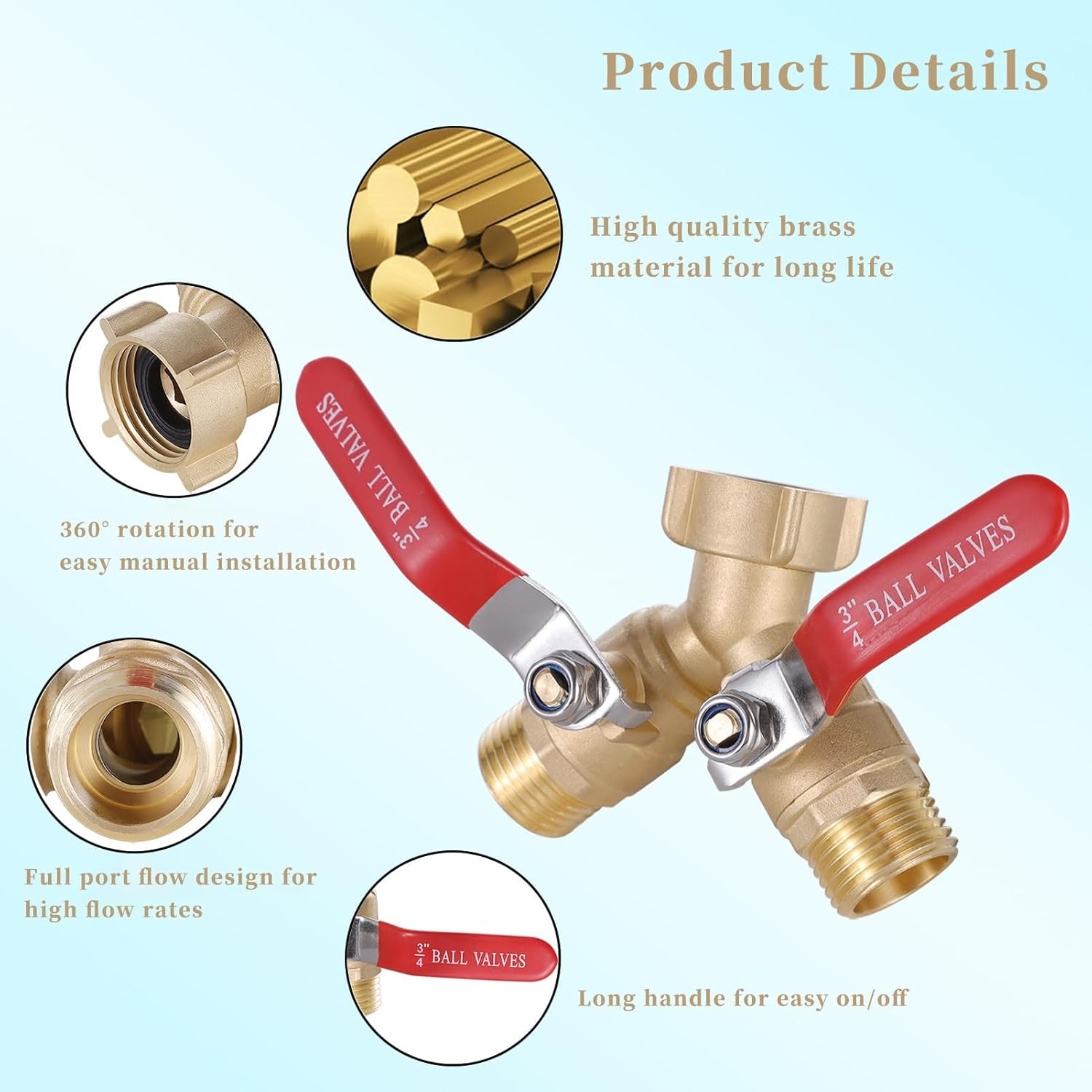 Solid Brass 2 Way Garden Hose Splitter, Full Flow Design with Dual Shut off Valves, Heavy Duty Faucet Connector 3/4" GHT Threads​ image number 1