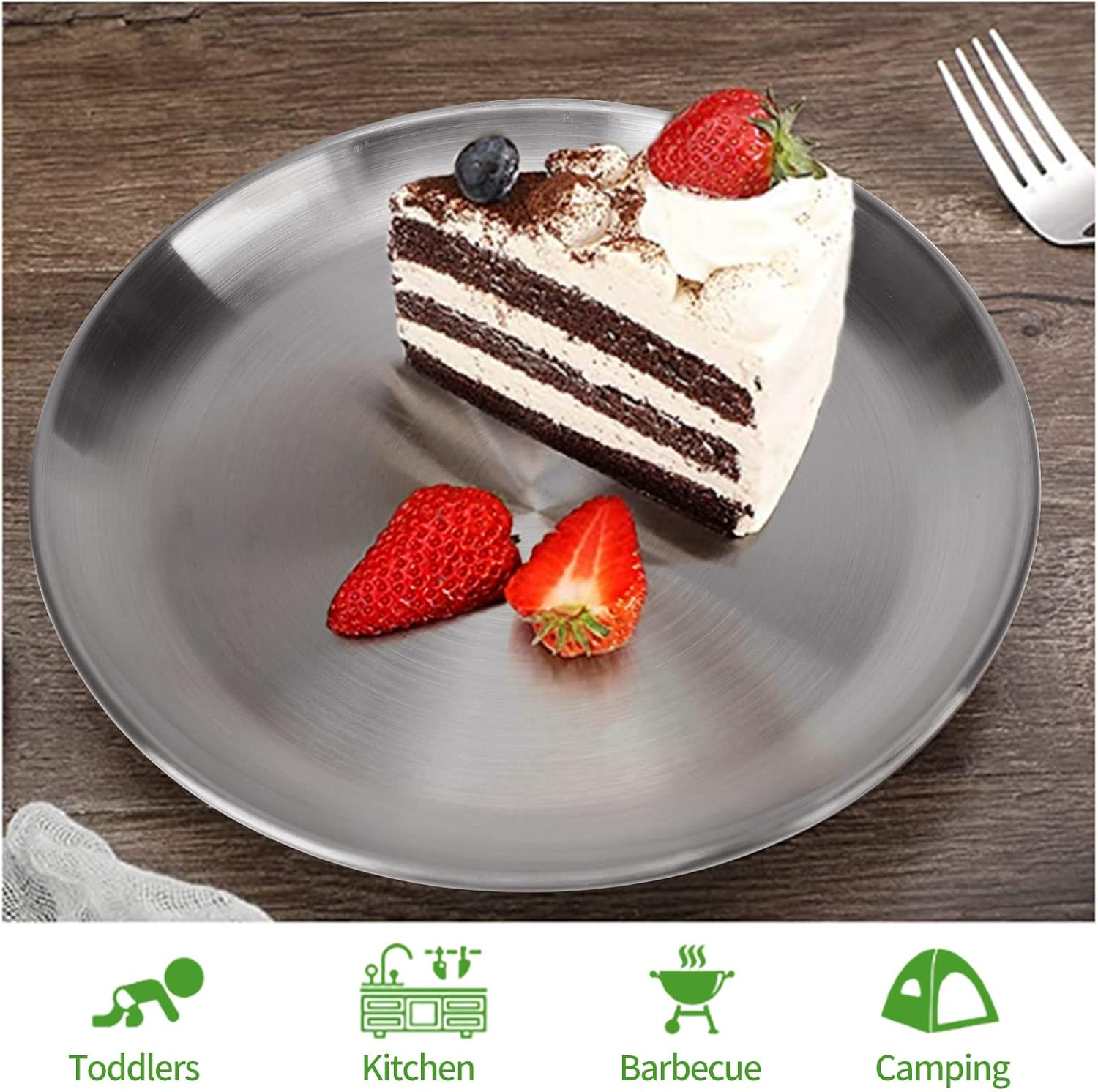 4-Piece 9" Stainless Steel Plates, Metal round Dinner Dishes for Adults, Reusable and Dishwasher Safe, Serving Camping Salad Plate for Home, Outdoor Camping, Snack and BBQ image number 4