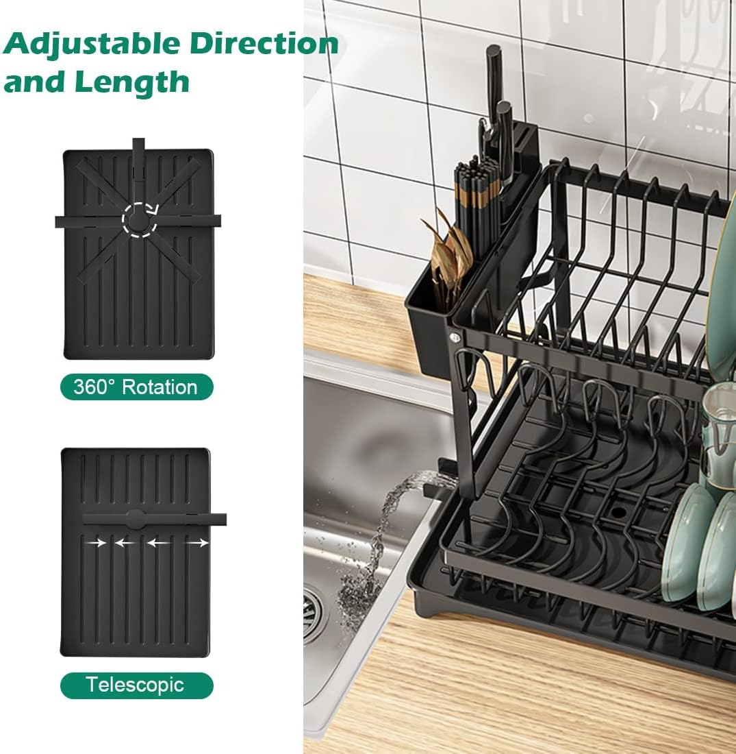 Dish Drying Rack for Kitchen Counter, 2 Tier Rustproof Dish Rack for Kitchen Countertop with Draining Board, Cutting Board Holder, Cup Holder, Cutlery Rack, Large Capacity (Black) image number 4