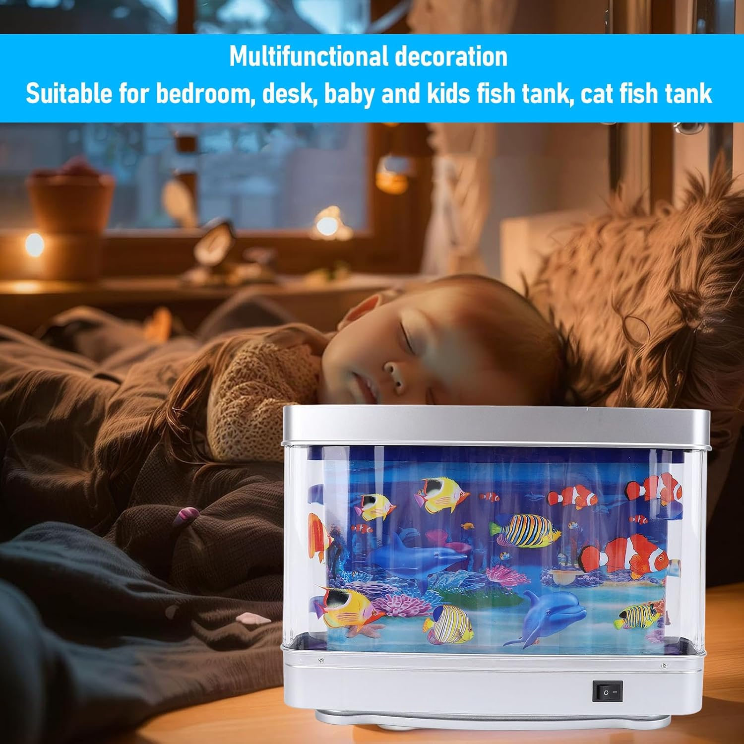 Bewinner Fake Fish Tank Mini Aquarium, Artificial Tropical Fish Decorative, Mini Fish Tank with Moving Fish Pretend Seabed World Lamp Lighting Move Virtual Aquarium image number 2