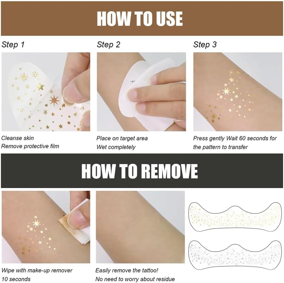 12Pcs Glitter Freckles Tattoo Stickers, Glitter Freckles for Face, Waterproof Gold and Silver Tattoo Stick Glitter Tattoo Makeup Sticker for Party, Masquerade (Gold+Silver) image number 3