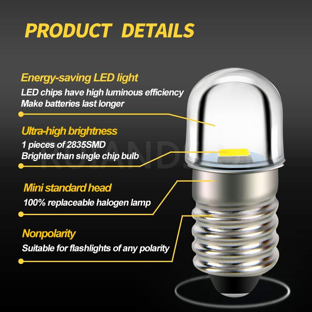 Ruiandsion 10Pcs E10 LED Bulb 3V E10 Base Socket 1W White Replace Torch Headlight Headlamp Mini Head Lamp Flashlight Bulbs,Non-Polarity image number 4