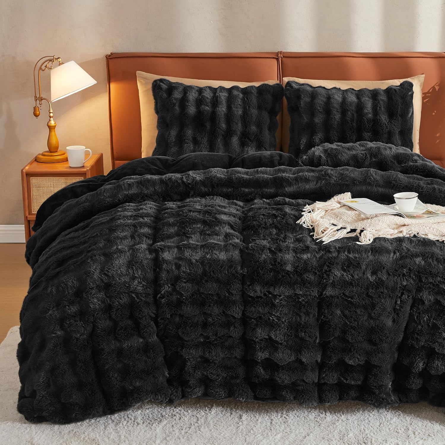 JELLYMONI Plush Duvet Cover Set - Twin Size Black Faux Fur Comforter Cover 2Pcs Bedding Set Luxury Ultra Soft Striped Fluffy Duvet Cover with Zipper and 1 Pillowcase (NO Comforter) image number 5