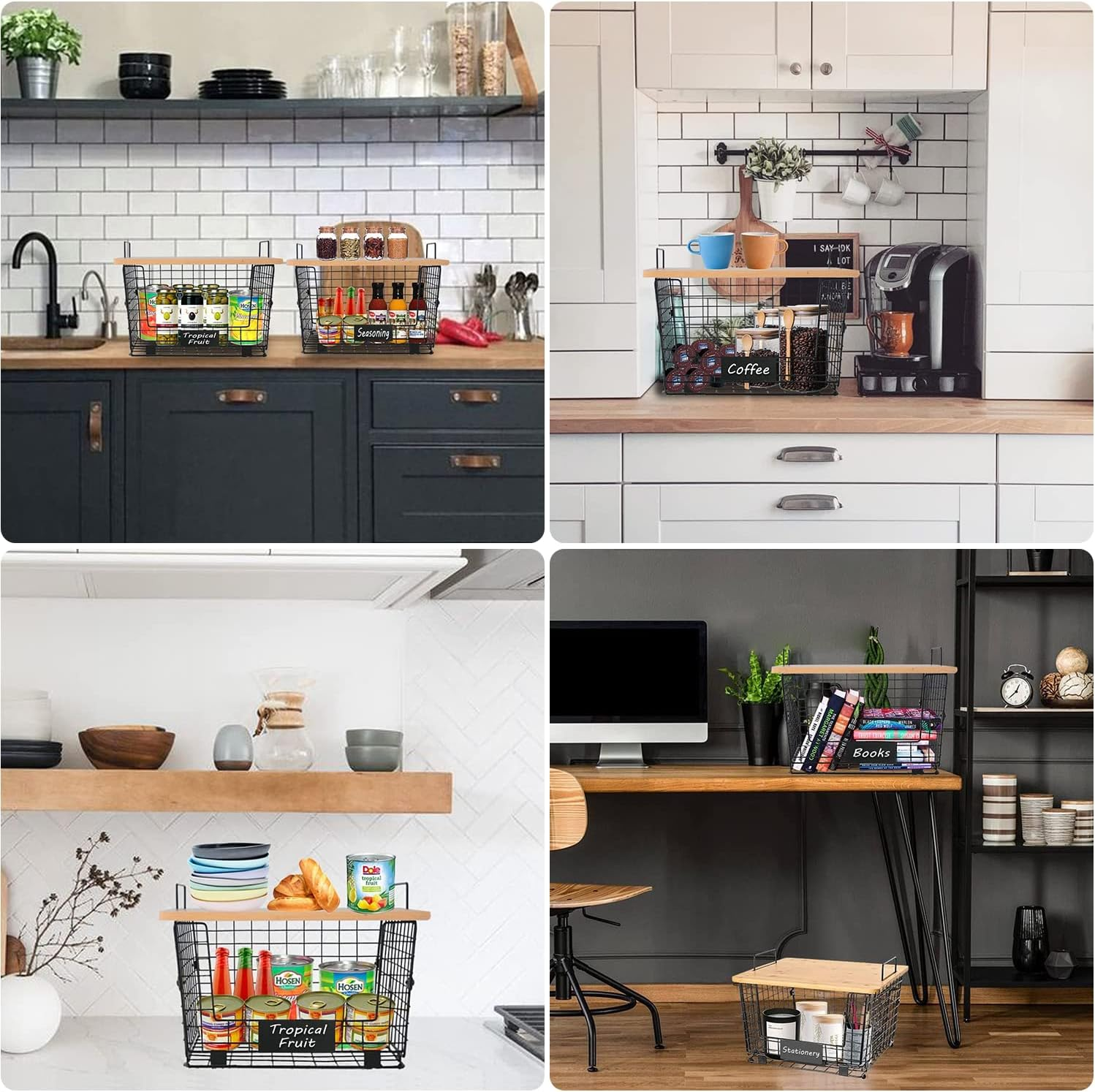 BYUNER Kitchen Counter Basket with Bamboo Top Potato Storage Pantry Cabinet Organization Countertop Organizer Fruit Vegetable Bread Wire Basket Cabinet Pantry Storage 2Pcs image number 4