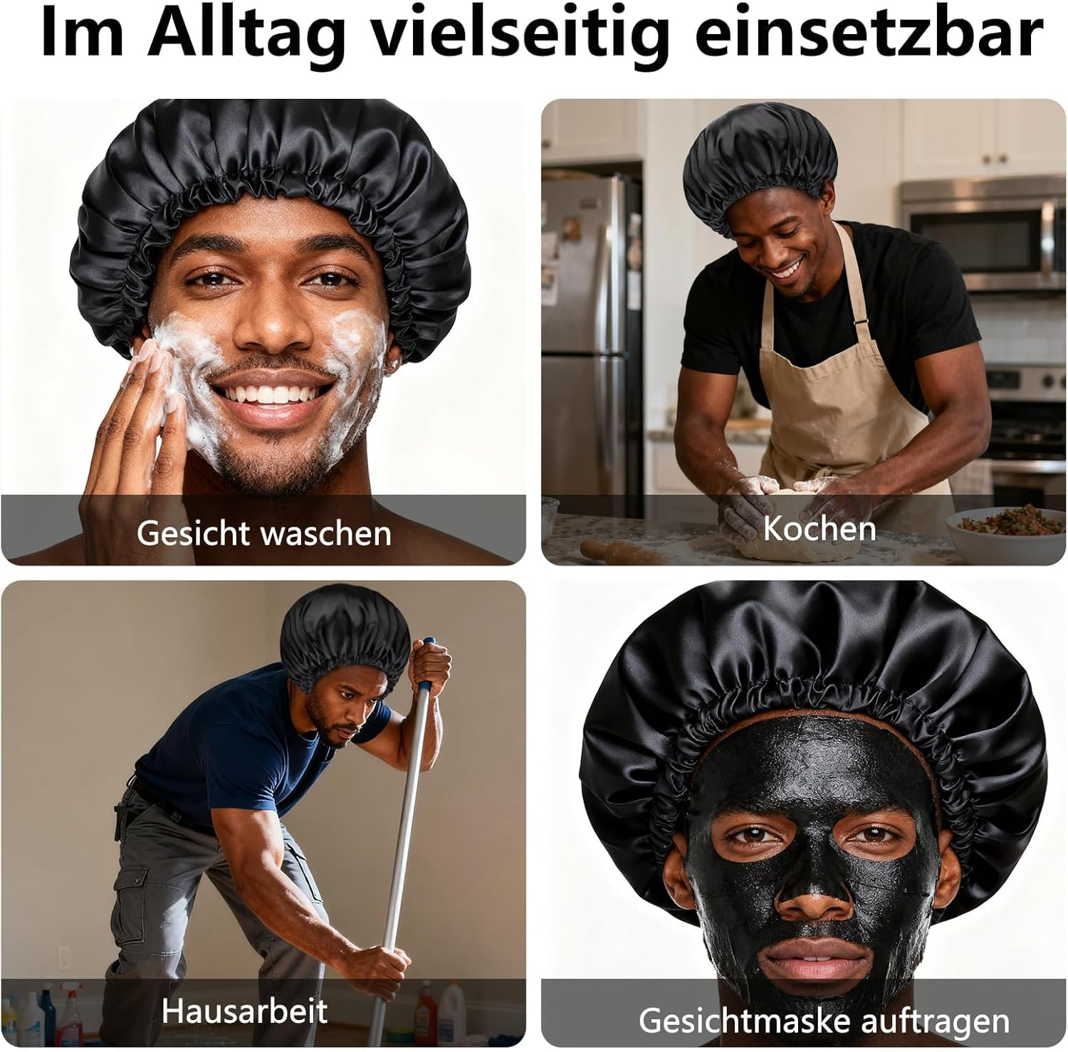 VZU Satin Bonnet Sleep Cap for Men, Breathable Adjustable Silk Night Hat with Elastic Band - Protects against Frizz and Hair Damage, Silk Sleep Cap for Men (Black) image number 4