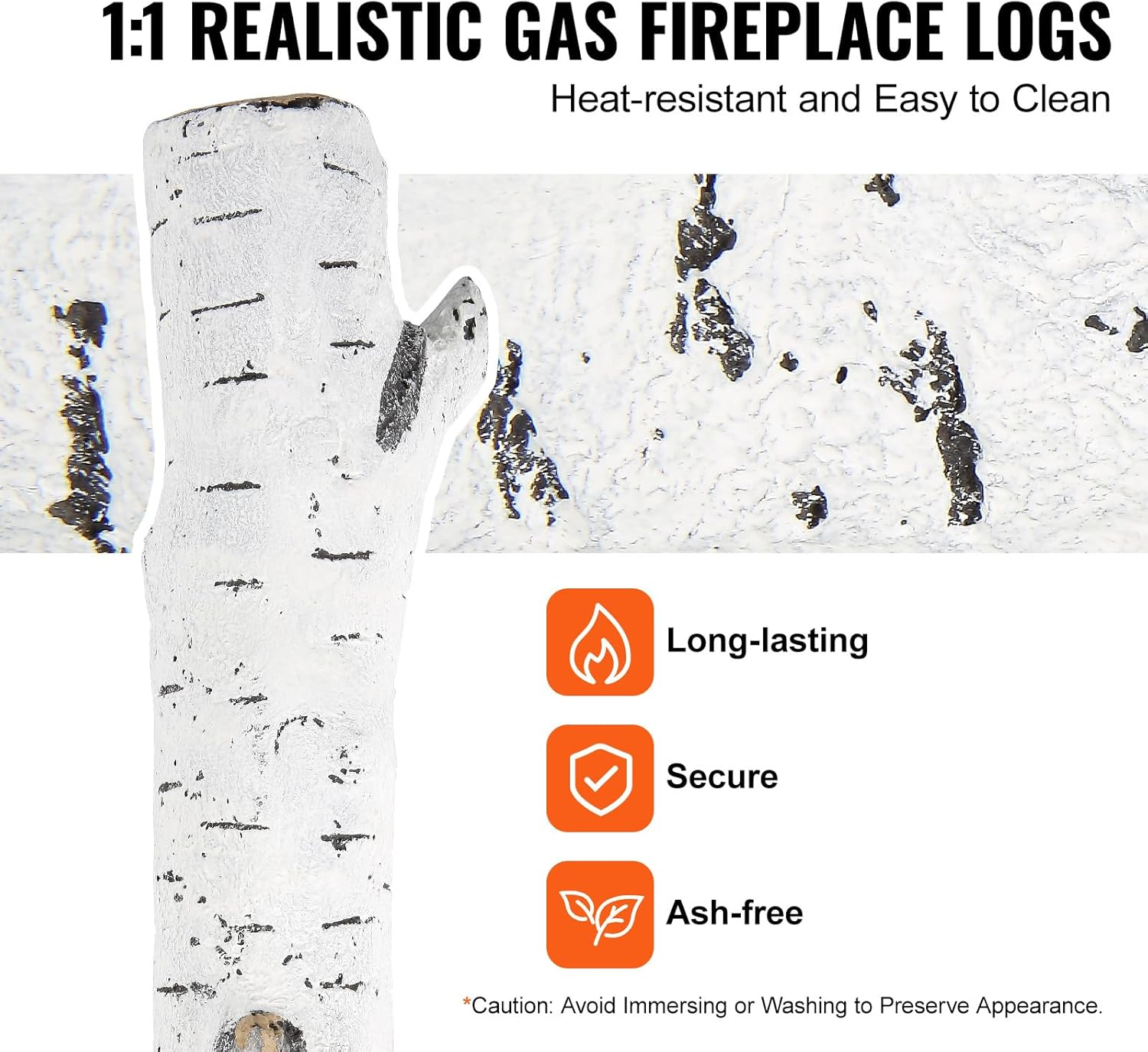 VEVOR 6 Pcs Large Withe Birch Logs, Gas Fireplace Ceramic Logs for Fire Place, Heat-Resistant Wood Log Gas Realistic Logs, Stackable Wood Branches for Gas Fireplace, Firebowl Indoor or Outdoor image number 2