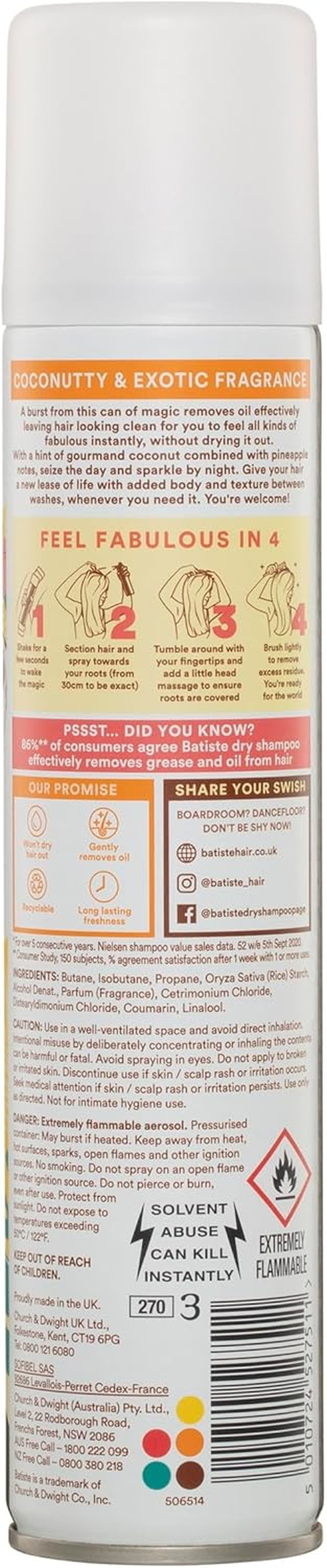 Batiste Tropical Dry Shampoo - Happy & Summery Scent - Quick Refresh for All Hair Types - Revitalises Oily Hair - Hair Care - Hair & Beauty Products - 200Ml image number 1