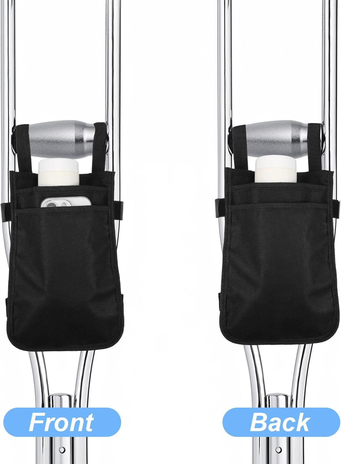 Crutch Bag, Portable Crutch Storage Organizer with 2 Pockets Lightweight Crutch Accessories Storage Pouch for Underarm Crutches Phone Wallets Keys Water Bottle Lipstick Glasses image number 3