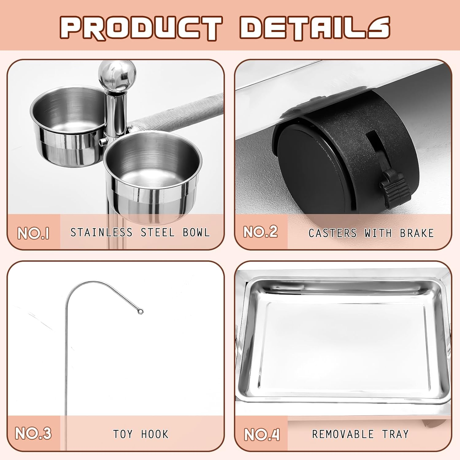 Tandefio Parrot Stand Bird Play Stand 21.65 X 15.35 X 27.95 Inches Large Metal Stainless Steel Bird Playstand Adjustable Height Perch with Universal Wheels and Feeding Bowls image number 6