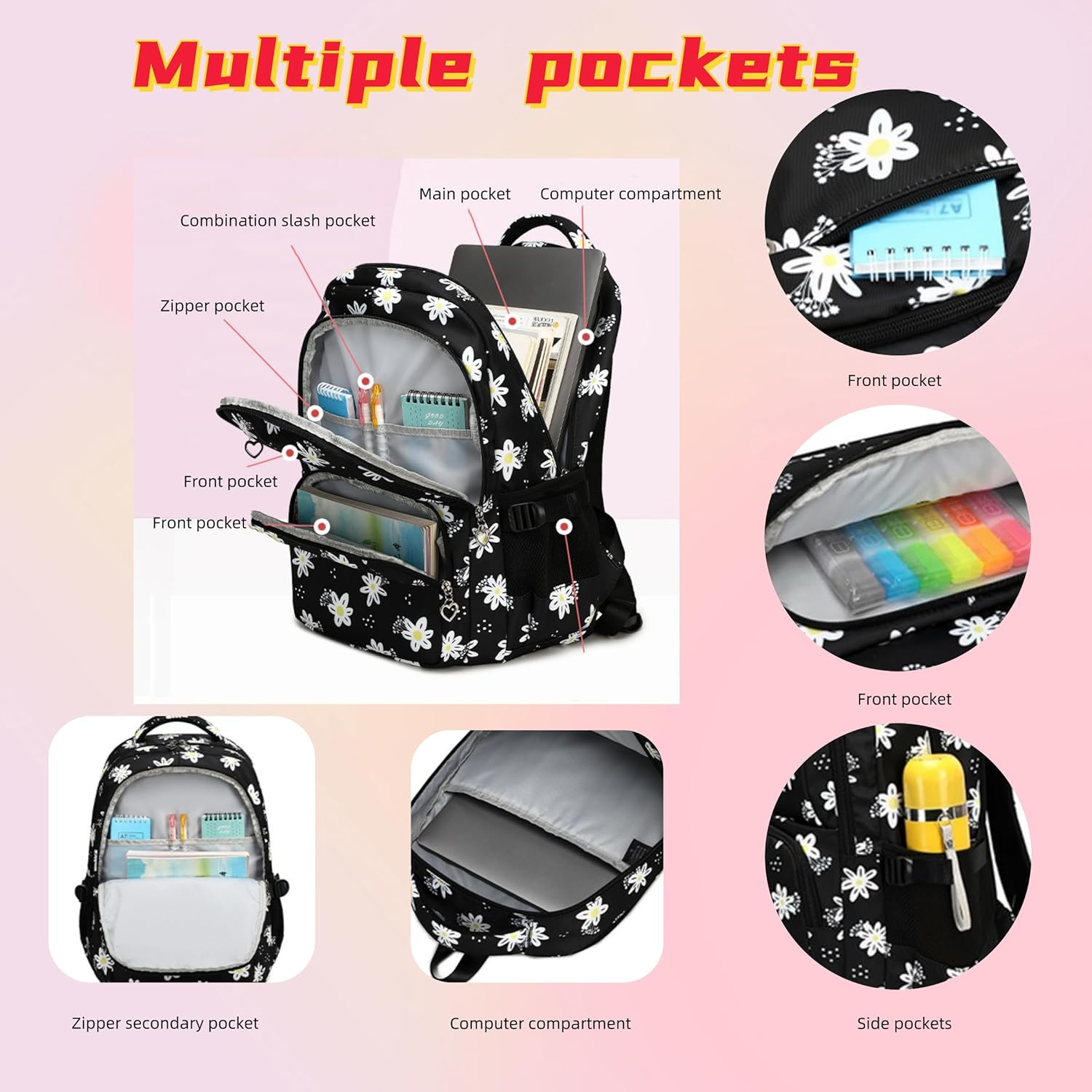 ZHANAO Flower Girls Backpack Set for Middle School Students School Bag for Girls Bag with Lunch Box 3Pcs Bookbag Set - Flower-Grey image number 4