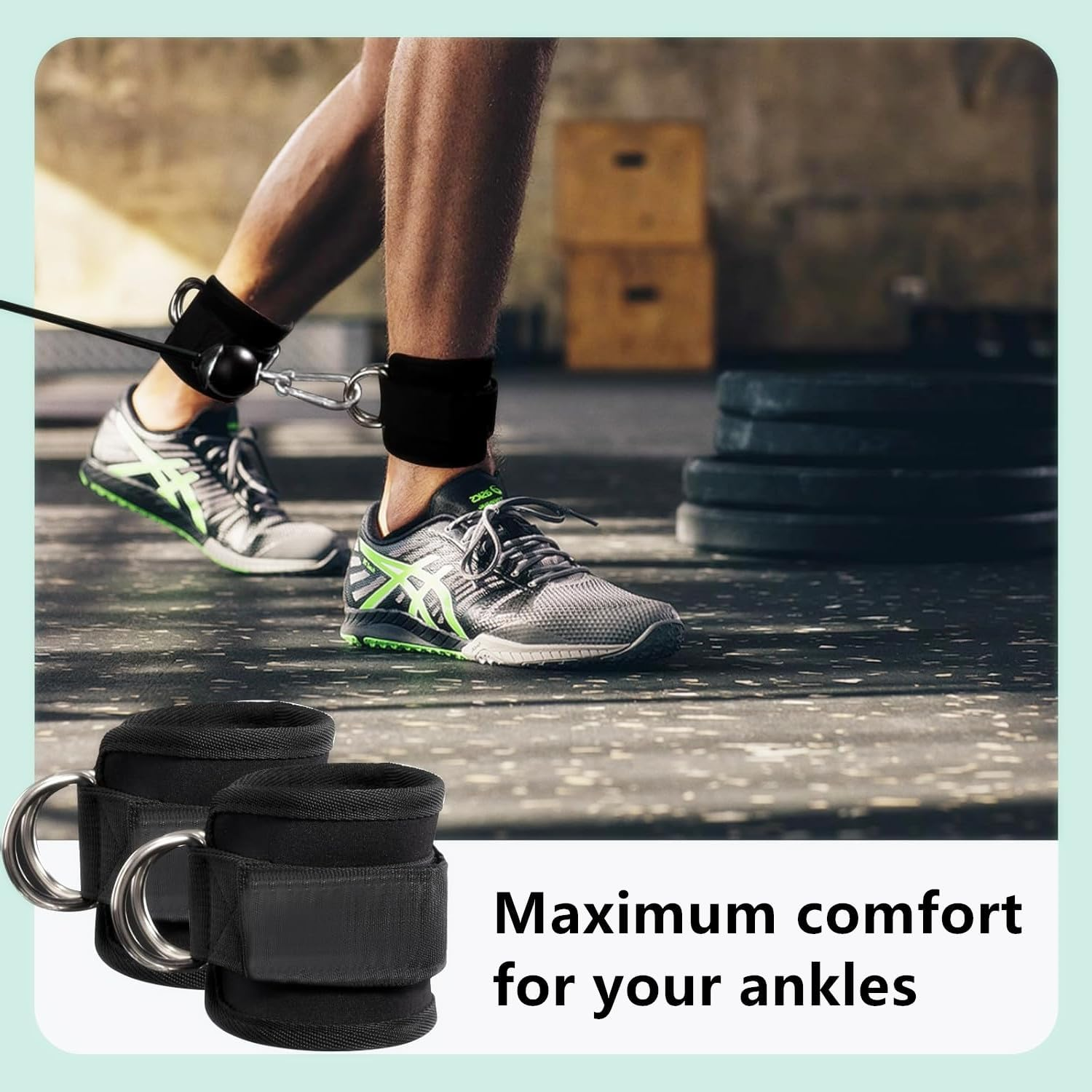 2 Packs Ankle Strap Adjustable Comfort Neoprene and Double D Ring, Ankle Strap Gym Cable Attachment for Gluteal Exercises, Leg Extensions, Curls, and Hip Abduction for Men and Women -(Black) image number 2