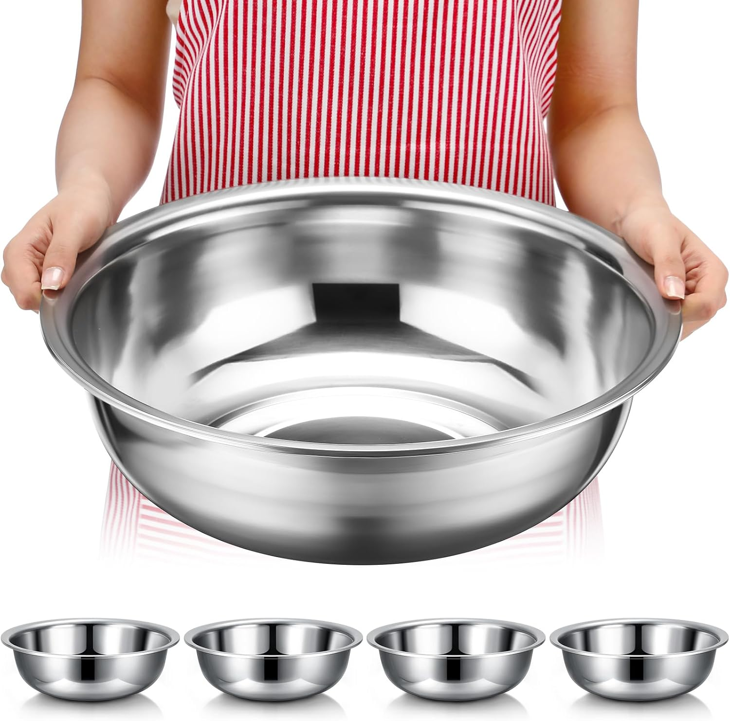Nuogo 4 Pcs Stainless Steel Mixing Bowls Metal Mixing Bowls Extra Large Basin Salad Basin Deeper Edge Dishwasher Safe Mirror Finish for Home and Commercial, Silver (13 Inch 8 Qt) image number 2