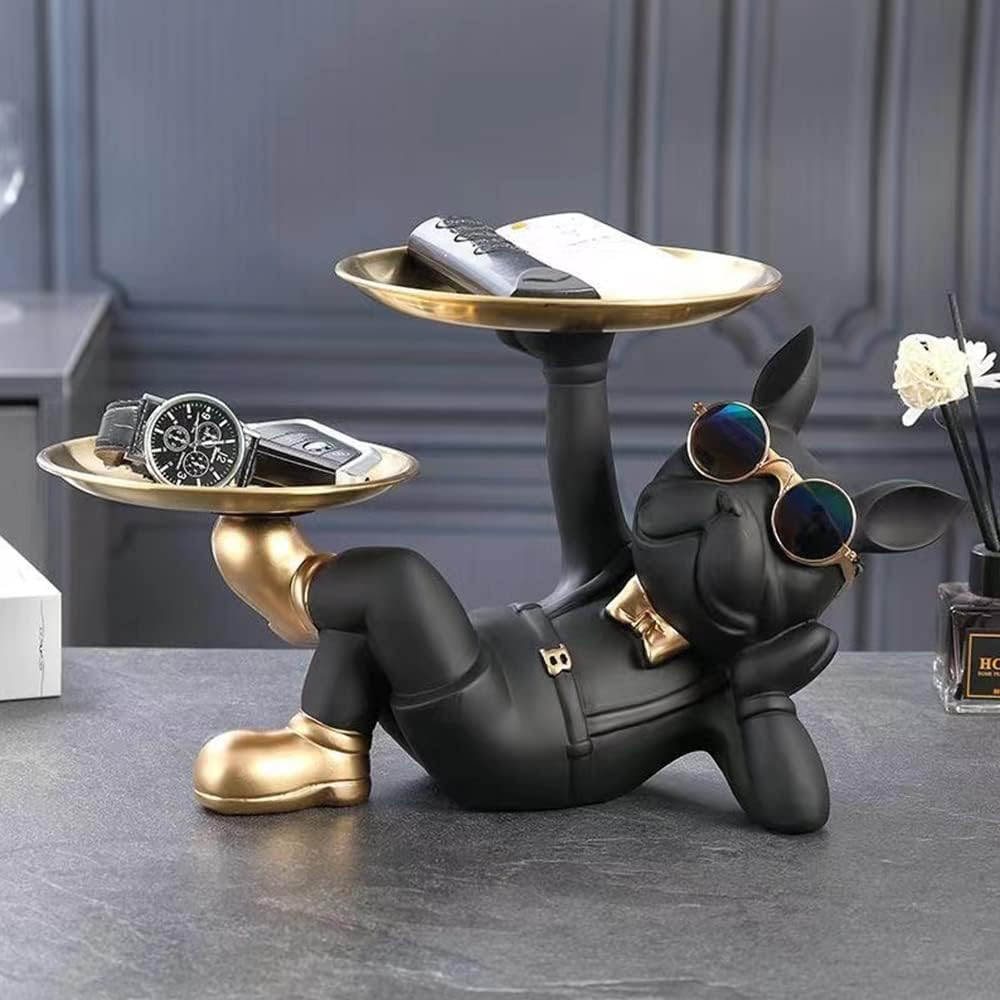 BAOJULONG Cool Resin Dog Statue Black 2 Metal Trays with Cute Glasses French Bulldog Figurine Sculptures Home Decor Gift image number 3