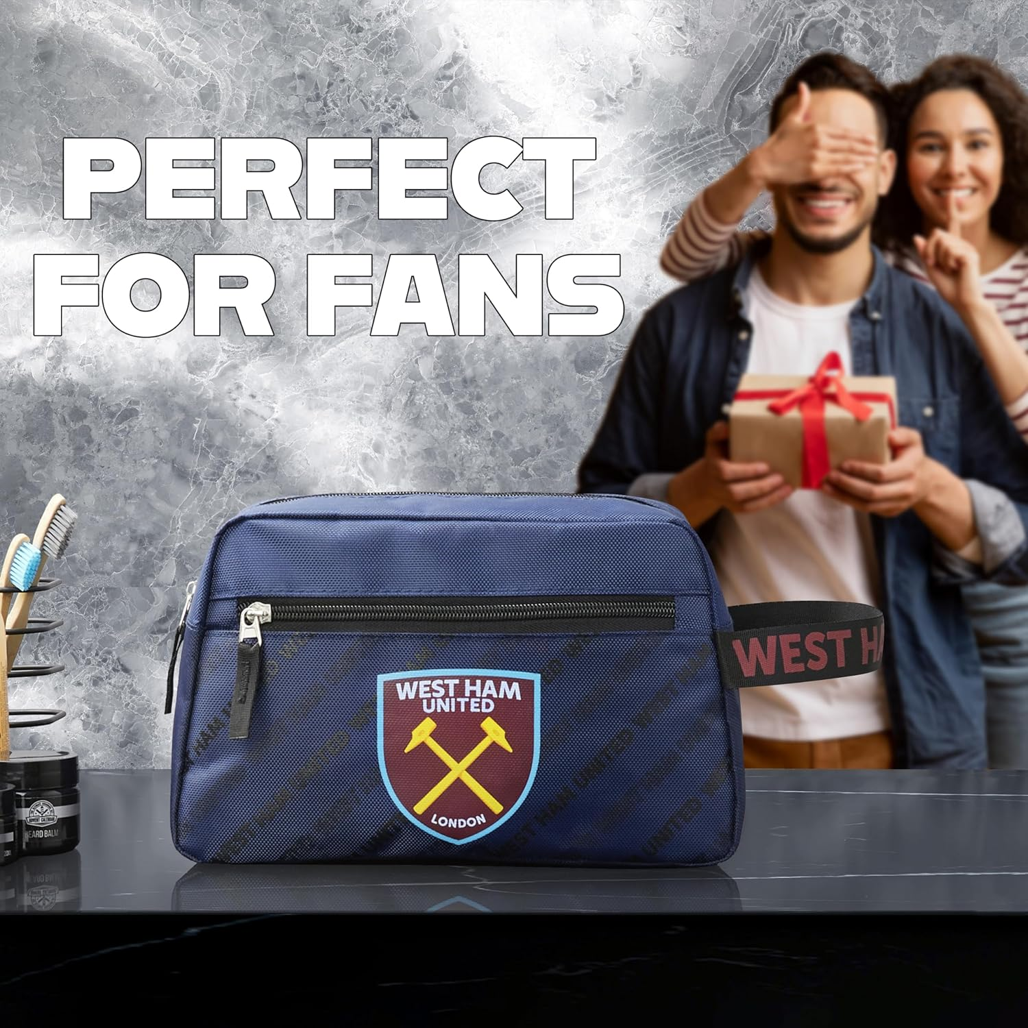 West Ham United F.C. Toiletry Bags for Men, Hanging Wash Bag with Zipped Pocket - Gifts for Him, Navy, Toiletry Bag