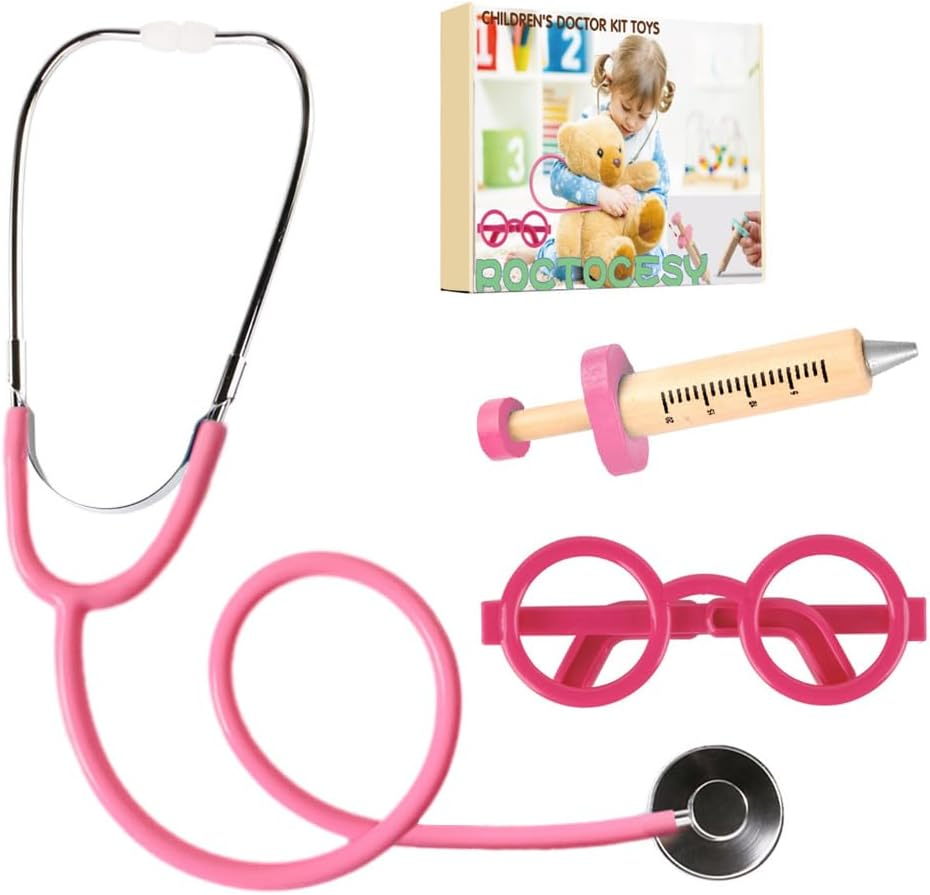 Kids Stethoscope Syringe Glasses Toy, Real Working Nursing Doctor'S Stethoscope,Halloween Doctor Costume Cosplay Pretend Play Accessories (Pink)