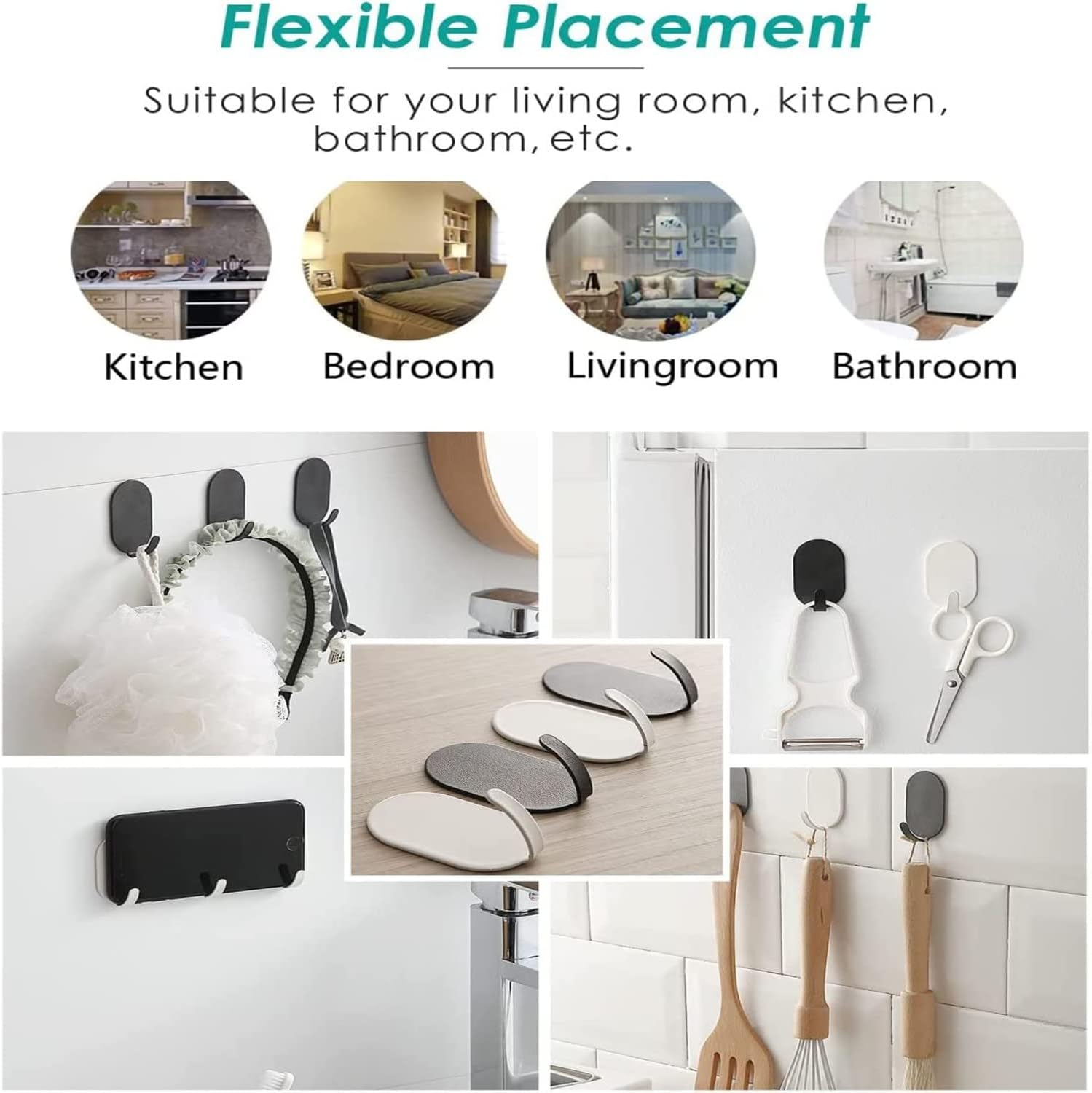 10 Packs Self Adhesive Hook, Heavy Duty Wall Hooks,Durable Strong Carbon Steel Nail Free Sticky Hanger Hooks 3M Adhesive Hooks for Kitchen, Bathrooms, Home, Doors, Office, Closet (White)