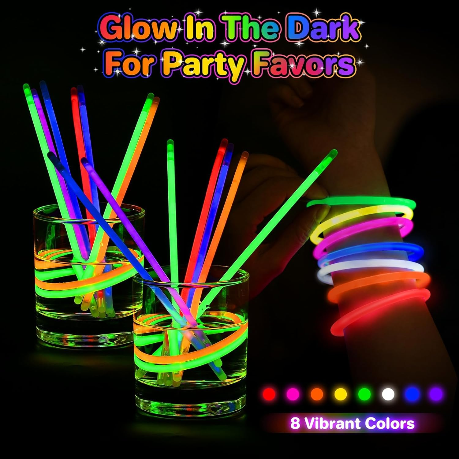 200 Ultra Bright Glow Sticks Bulk Party Pack - Glow in the Dark Party Supplies Pack - 8" Glowsticks Party Favors with Bracelets and Necklaces image number 2