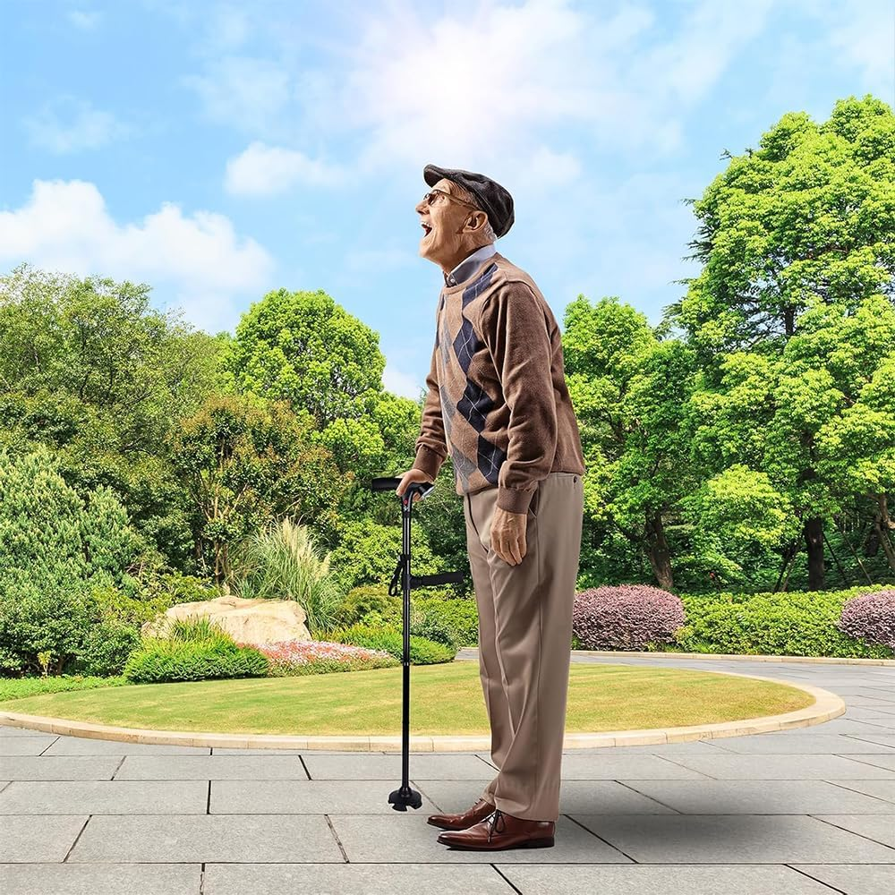 Folding Walking Cane with LED Light & Alarm &ndash; Adjustable Lightweight Travel Cane with 360&deg; Pivot Base and Ergonomic T-Handle for Seniors & Adults Hiking Mountain