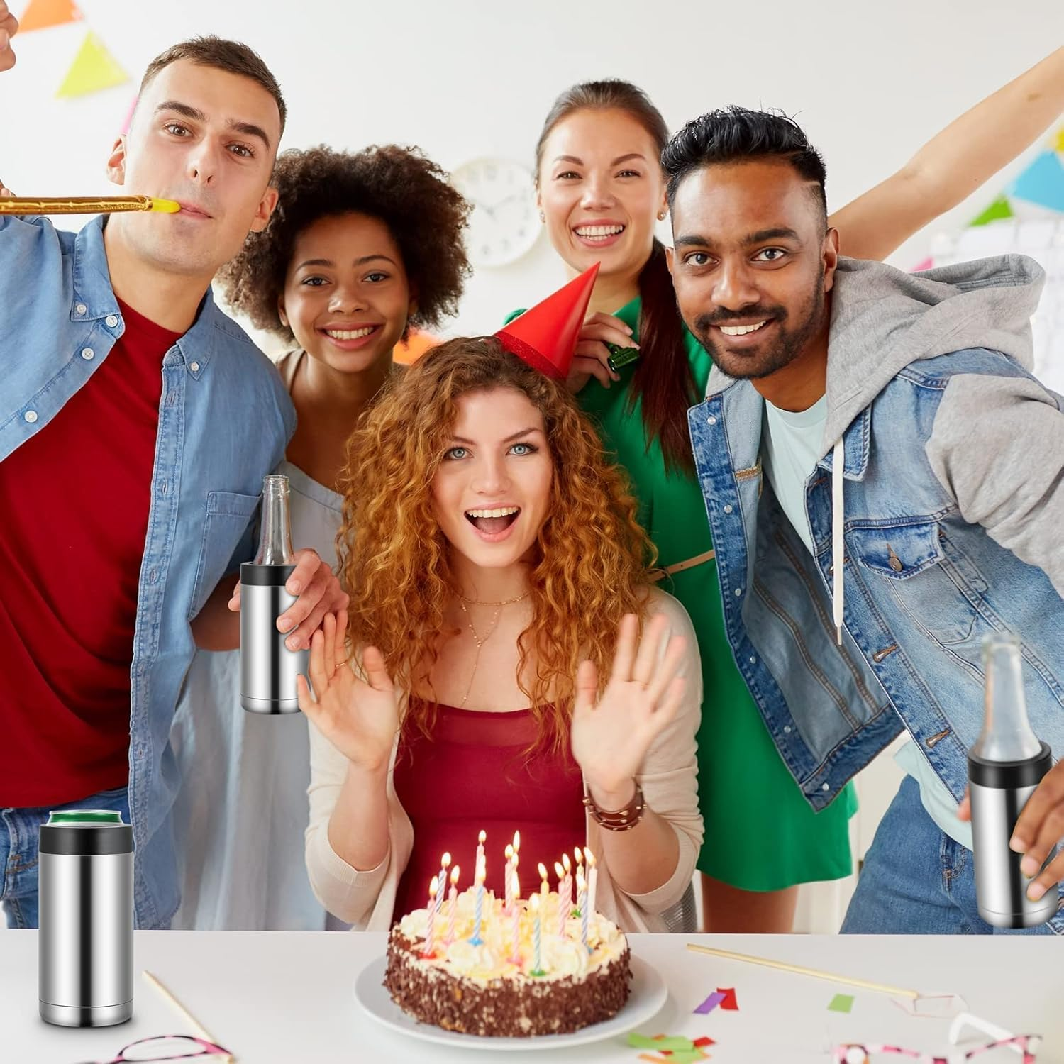 Beer Can Cooler, 16Oz Stainless Steel Double Wall Insulated Can Cooler, Beer Bottle Holder, Bottle or Tumbler for Slim Beer & Hard Seltzer Cans, Gifts for Beer Lovers (Silver)