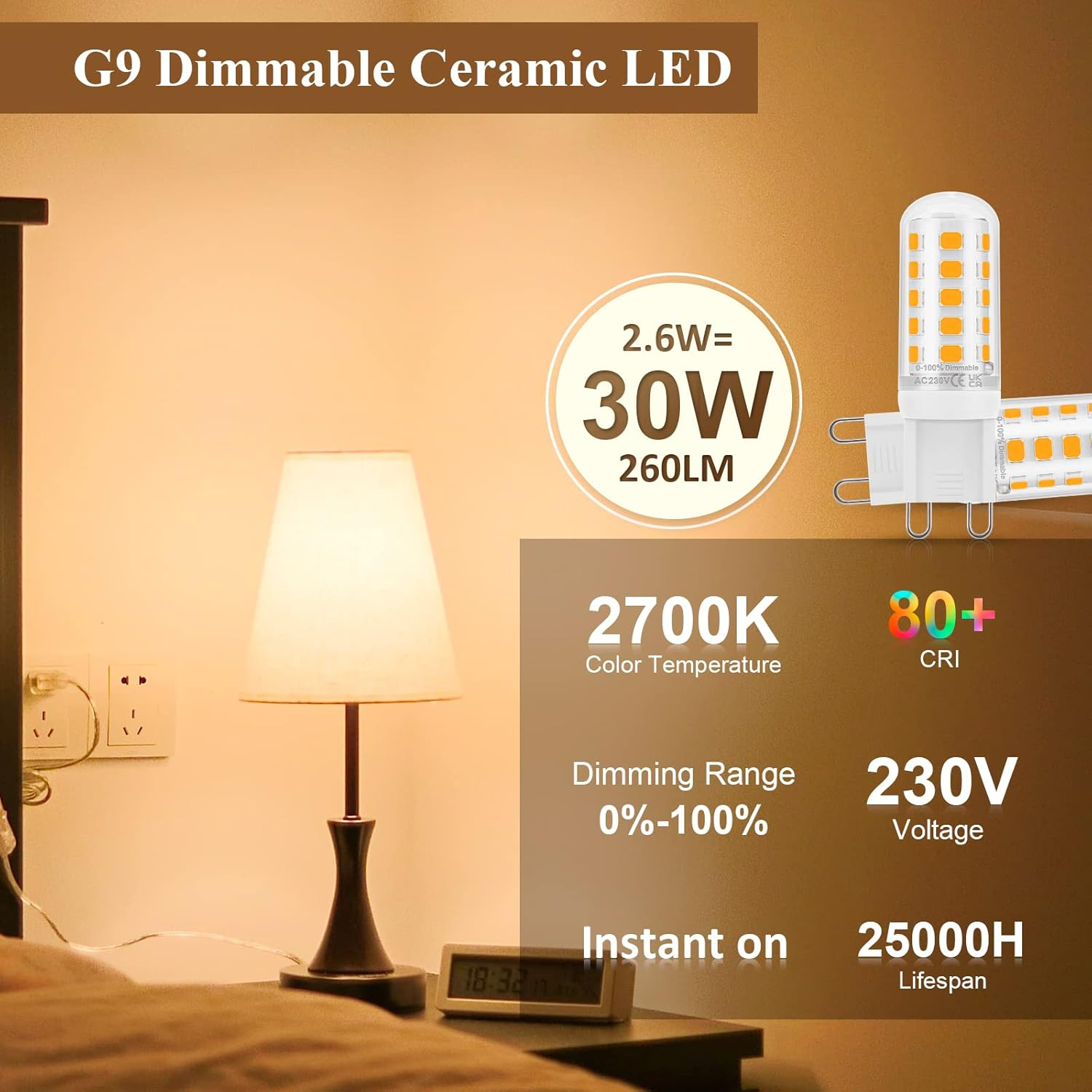 Dicuno G9 LED Bulb Dimmable, Warm White 2700K, 30W Halogen Equivalent, 2.6W, 260LM, Energy Saving G9 LED Light Bulbs for Chandelier, Ceiling Lights, 6 Packs image number 4