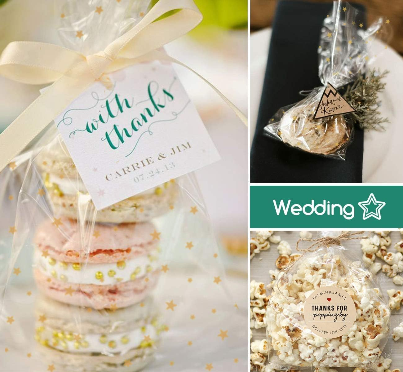 SYTHAK Cellophane Treat Bags,100 PCS Star Candy Bags with Twist Ties,Goodie Gift Wrap Cookie Cello Bag for Valentine, Birthday,Christmas,Baby Shower, Wedding Party Favor Supplies (Gold)