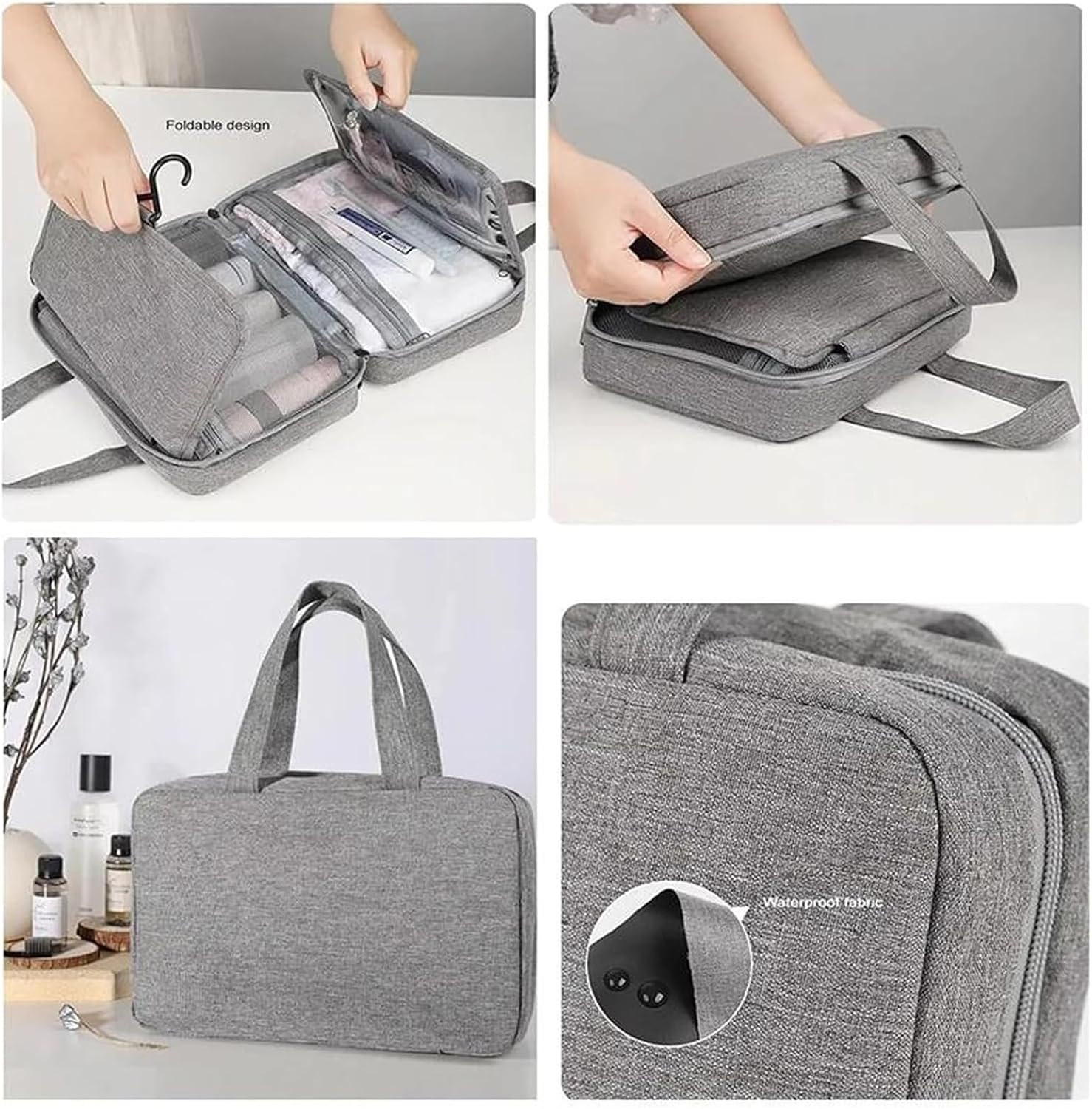 Hanging Travel Toiletry Bag for Women & Men, 4-Fold Waterproof Travel Makeup Bag with PVC Compartments, Large Capacity Cosmetic Wash Bag for Vacation Business Travel (Grey) image number 4