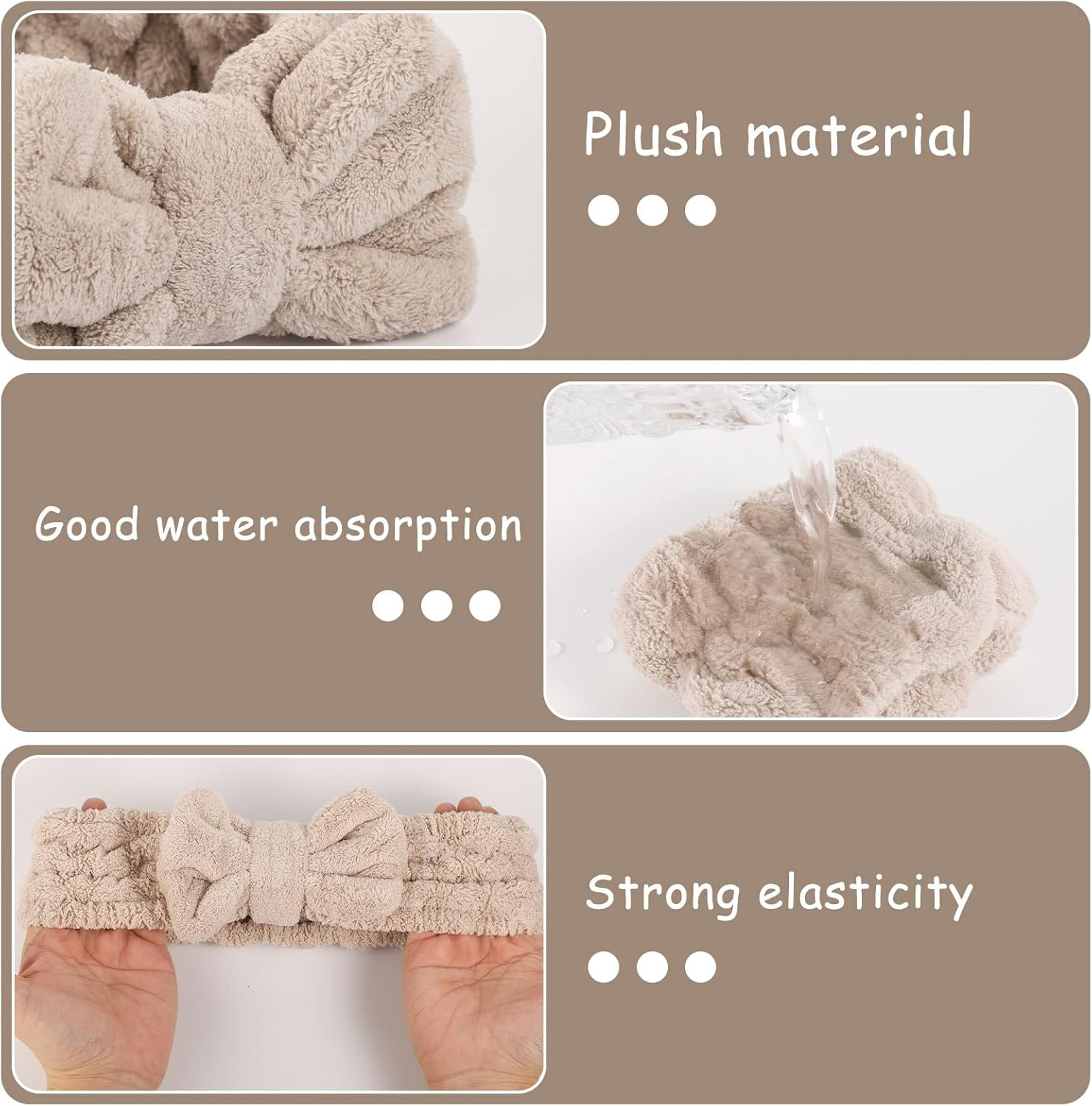 BESARME 3 Pieces Face Wash Headband and Wristband Set Soft Spa Headband and Wrist Towels for Women Makeup Skincare Headbands Wrist Bands for Washing Face(Light Coffee)