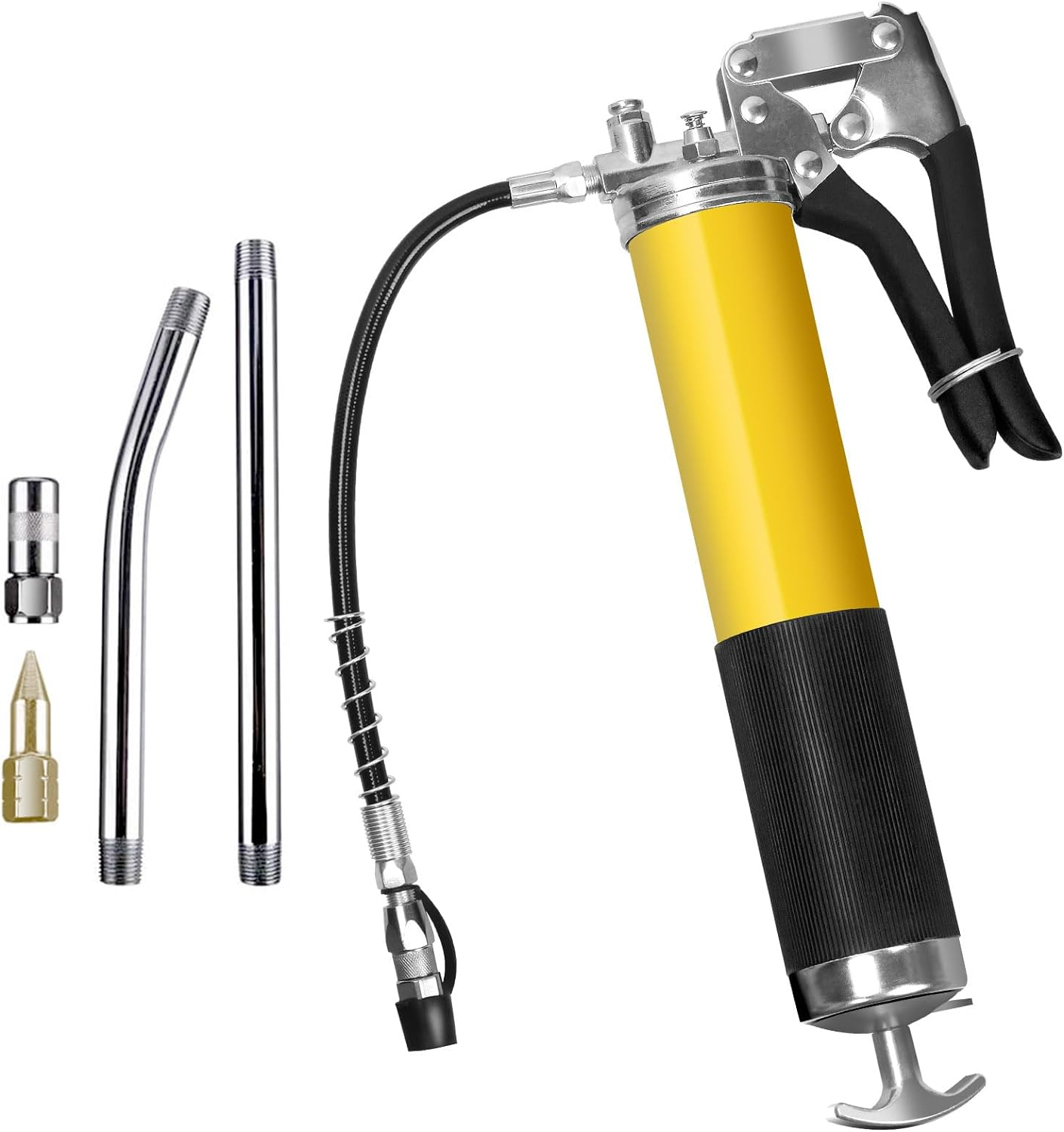 Swpeet 7Pcs 8000 PSI Yellow Heavy Duty Pistol Grip Grease Gun Kit with 14 Oz Load Includes 12" Spring Flex Hose 5" Bend Pipe Straight Pipe 1" Sharp Type Nozzle 2Pcs 1" Normal Coupler for Zerk Fittings image number 5