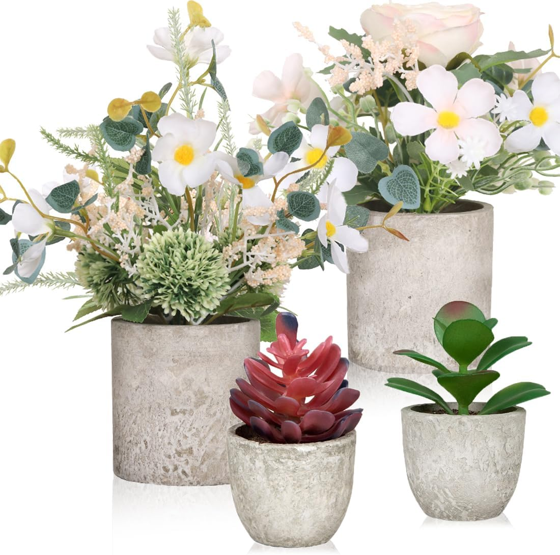 4 Set Artificial Plants Indoors Potted, Small Fake Plants in Pot Eucalyptus Rosemary Succulents for Home Decor Desk Bedroom Kitchen Office Decoration (4 Pack-A)