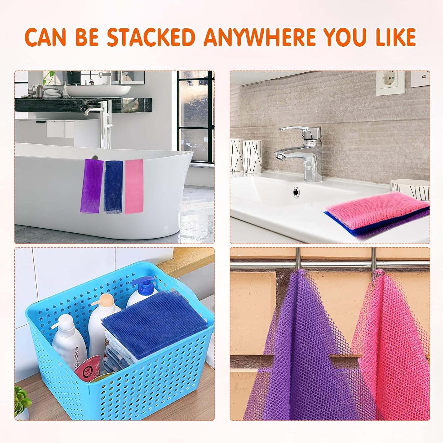 3 Pcs African Exfoliating Net African Net Sponge, 80X30Cm Long African Shower Sponge Body Sponge Exfoliating Sponge for Men and Women Deep Cleaning(Purple Pink Blue) image number 6