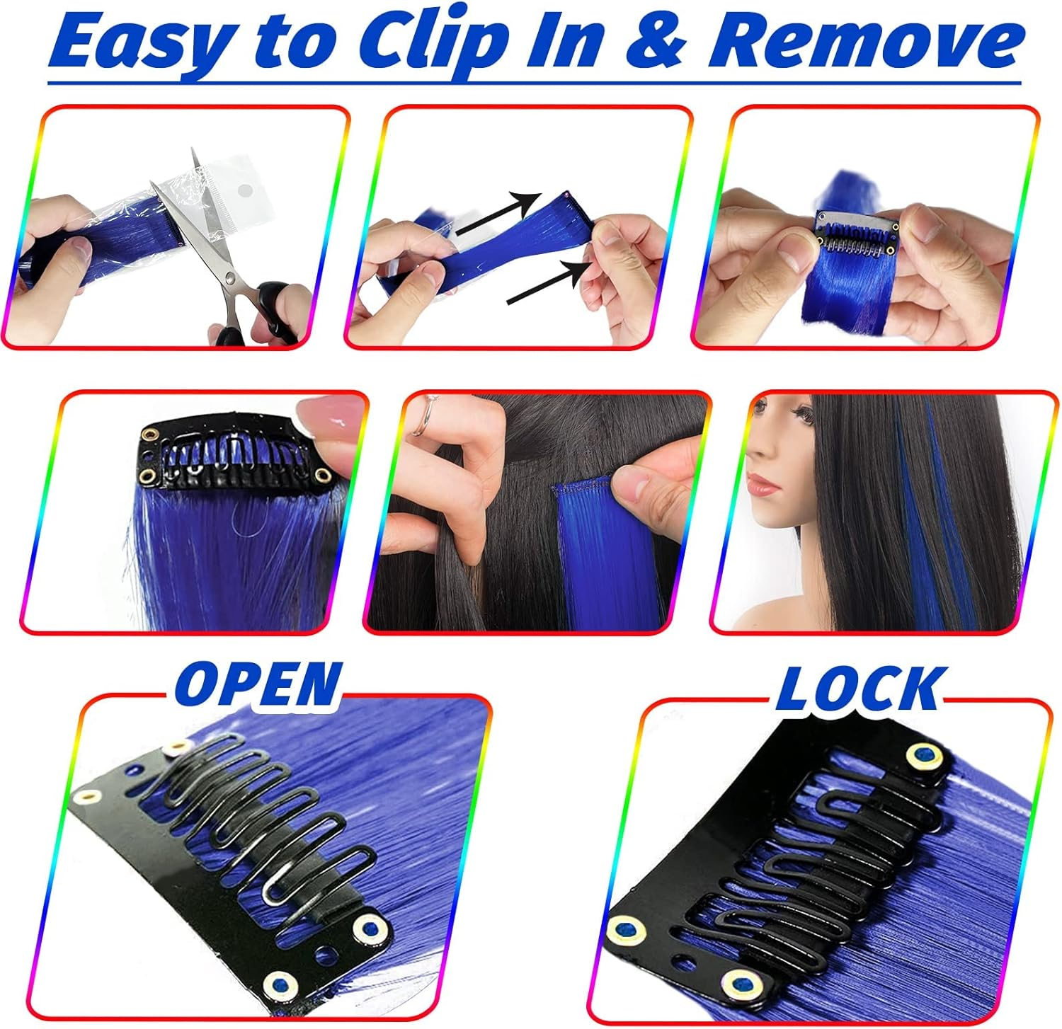 16 Coloured Clip-In Hair Extensions, 22 Inch Colourful Highlights Hairpieces Straight and Long Heat Resistant Synthetic Hair Accessories for Kids Girls Women Party Hair Accessories (16 Pieces-Blue) - Dark Blue image number 5