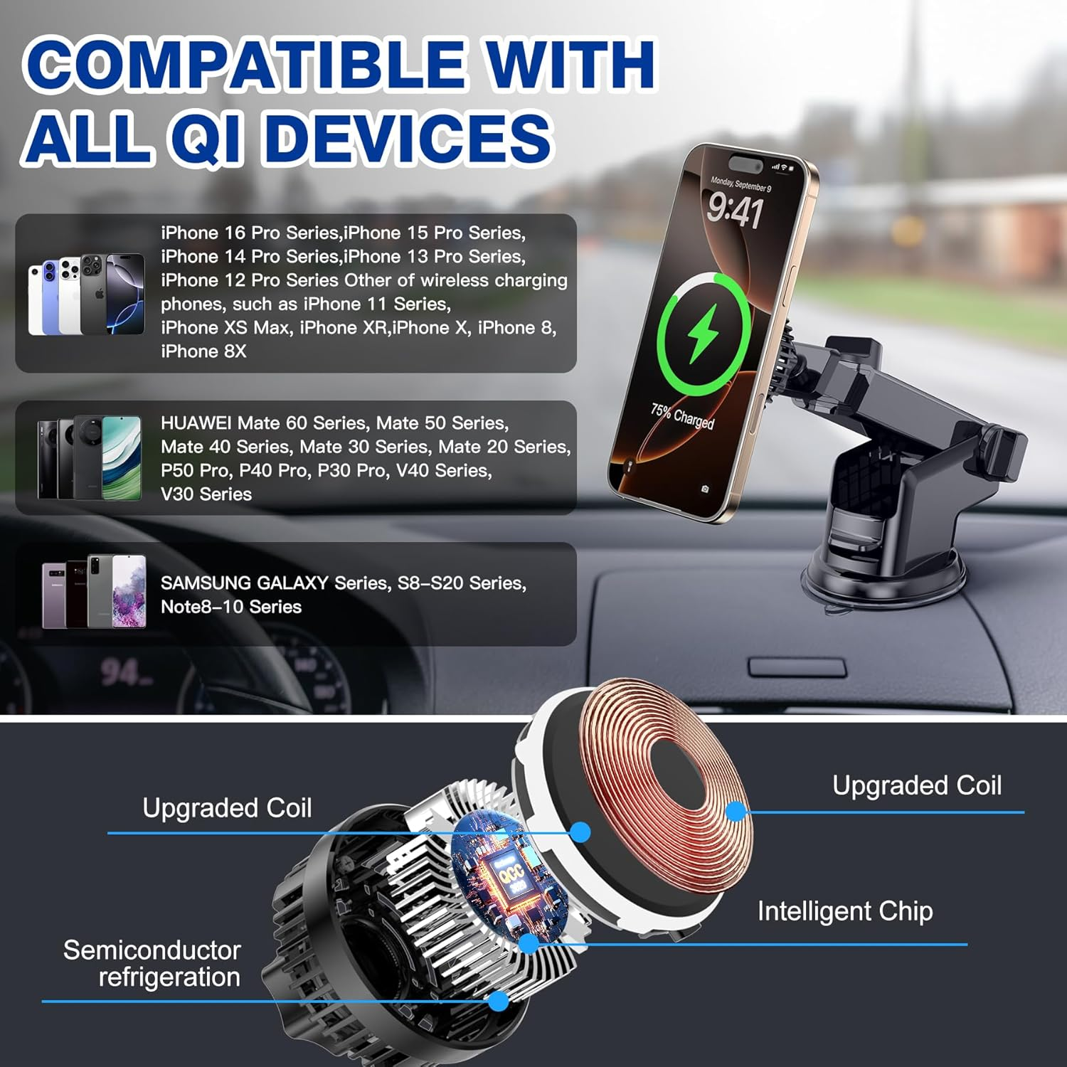 SERUW 15W Magnetic Wireless Car Charger Mount Holder Semiconductor Cooling Technology Air Vent Dashboard Phone Mount Compatible with Iphone Android Phone image number 5