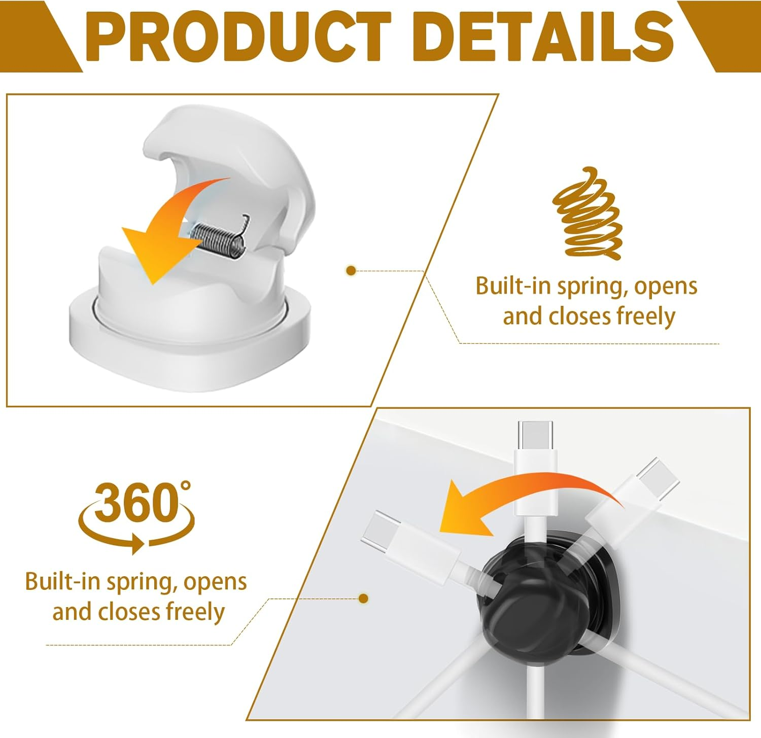 360&deg; Rotatable Cable Organiser 6Pack - ABS Spring Cord Clips, Acrylic Adhesive Cable Holder, Desk Management under Desk, Compact Tidy for Room Office Usb/Charging Wires (Black and White Combination) - Black And White Combination image number 3